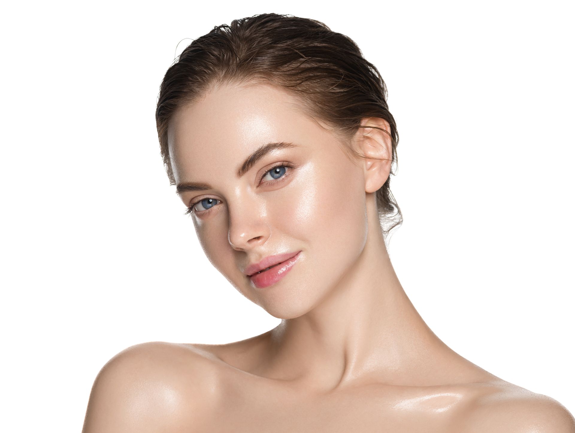 A close up of a woman 's face on a white background.