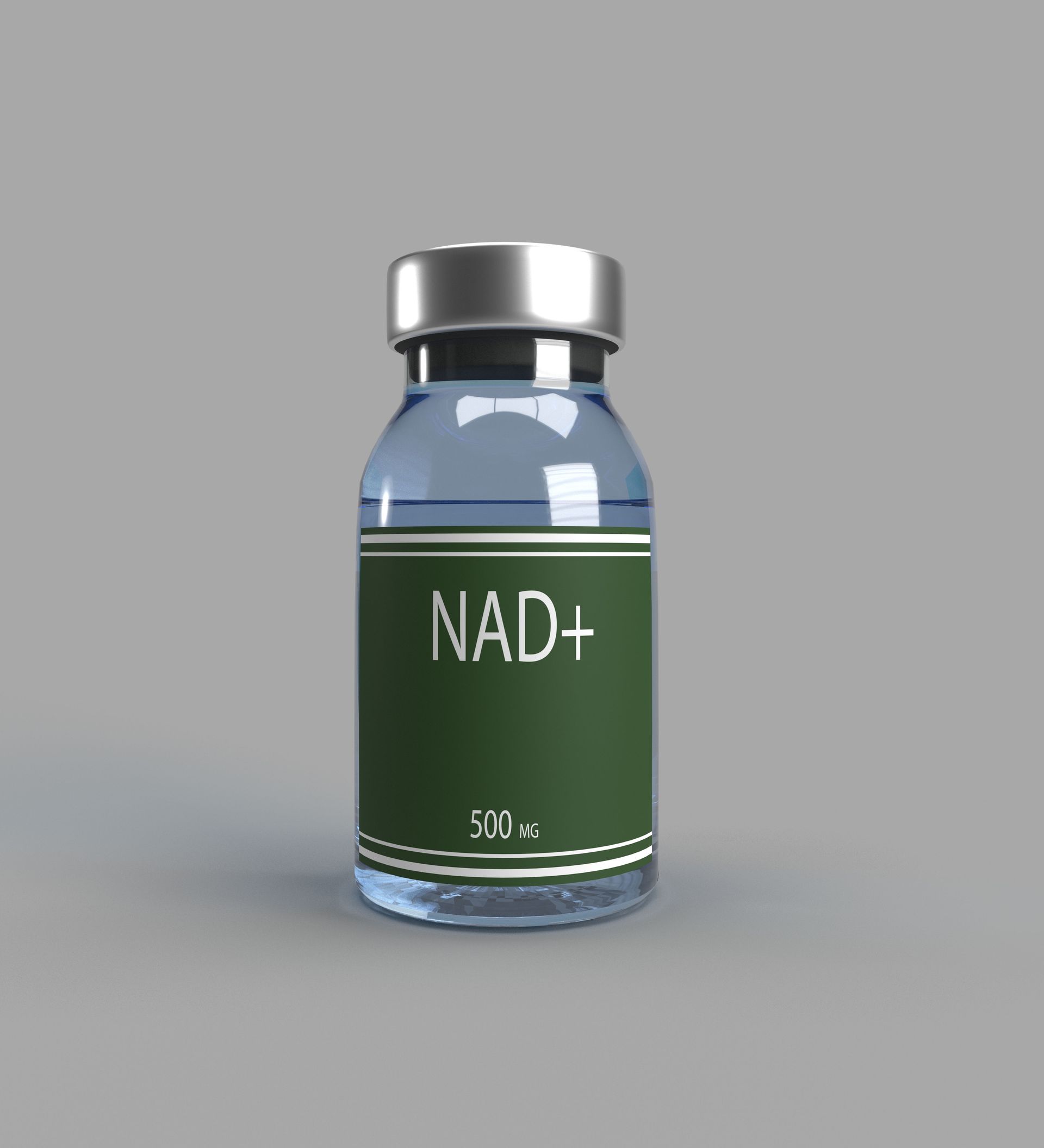 A 3d model of a bottle of nad + on a gray background