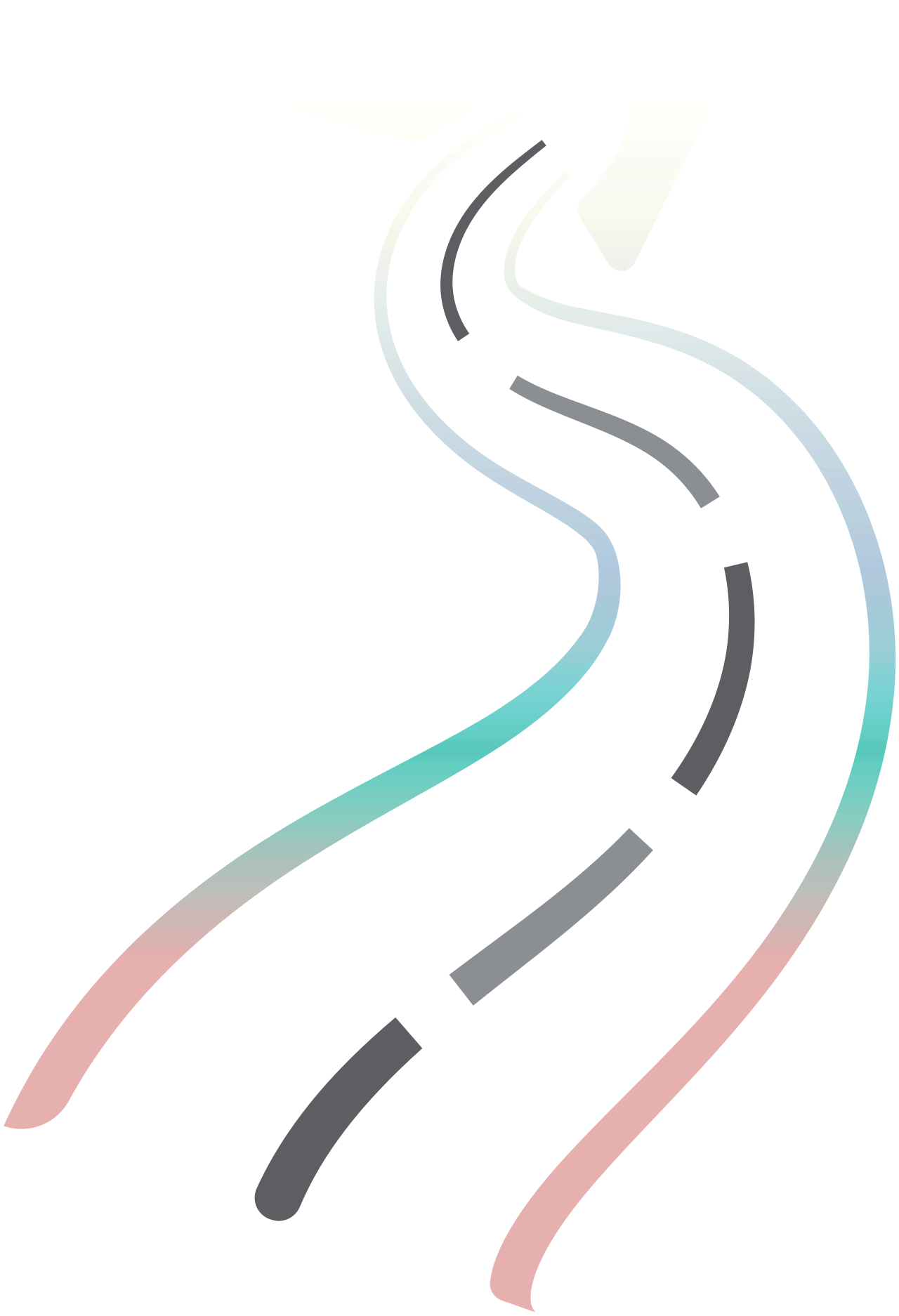 Winding road with dashed center line, gradient of pink, teal, and white.