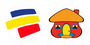 Una casa roja con una puerta amarilla al lado de un círculo azul, amarillo y rojo.