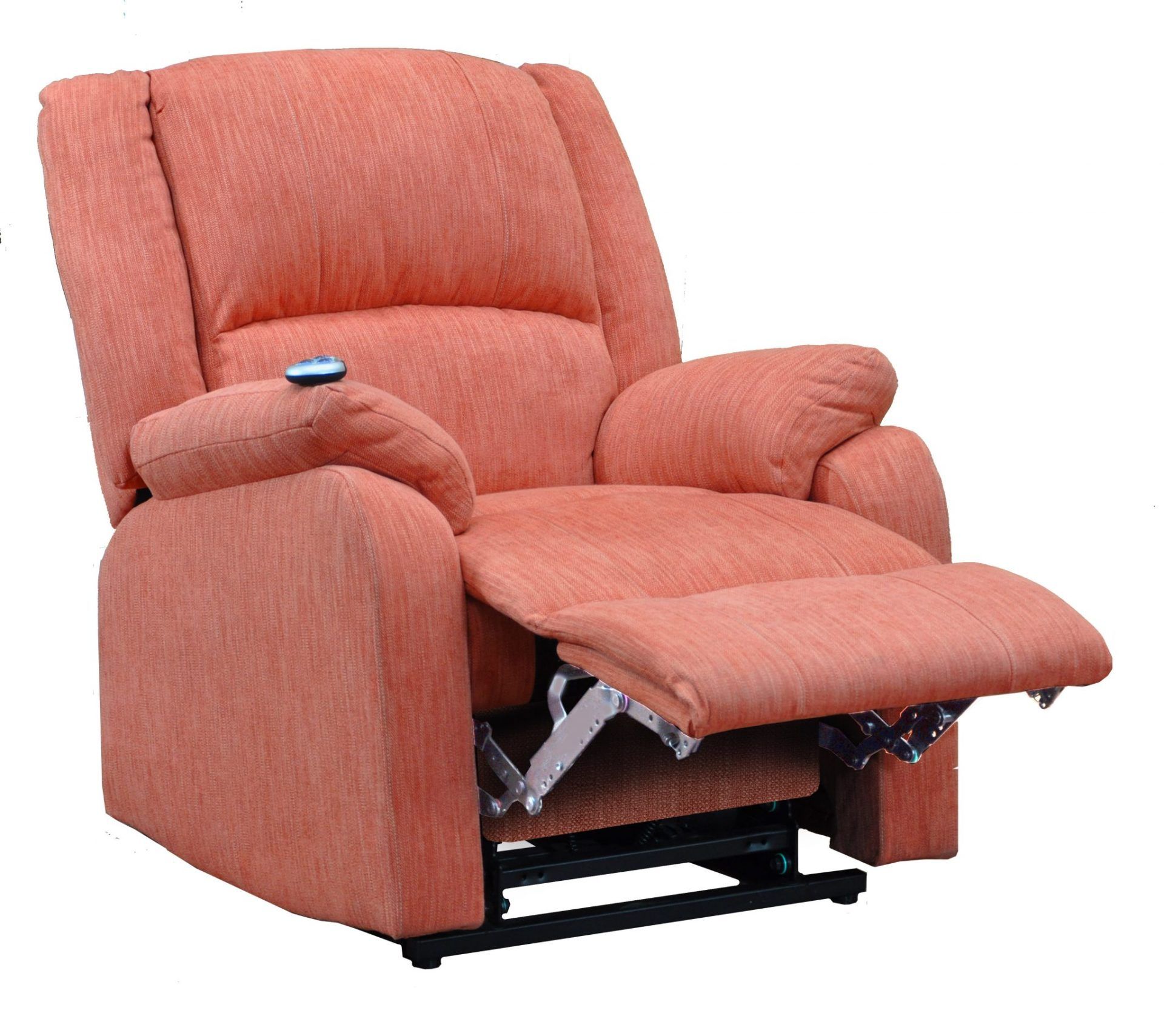 An orange recliner with the footrest up on a white background