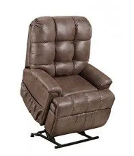 A brown leather recliner on a white background.
