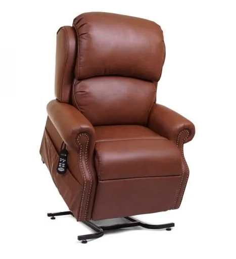 A brown leather recliner with a remote control on a white background.