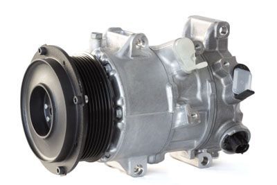 A close up of an air compressor on a white background.