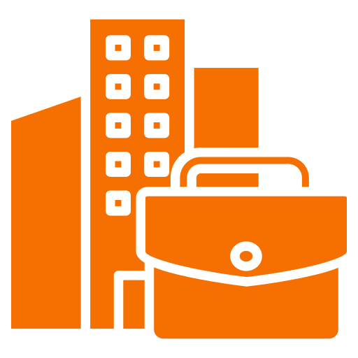 An orange icon of a building with a briefcase in front of it.