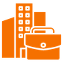 An orange icon of a building with a briefcase in front of it.