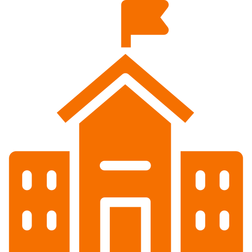 An orange icon of a school building with a flag on top.