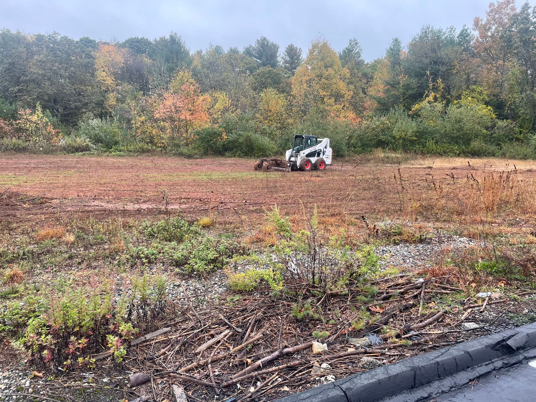 Small tractor working a plowed field beside autumn trees under a hazy sky
