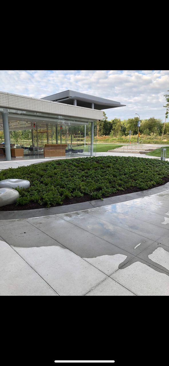 Modern outdoor courtyard with curved hedges, stone path, and a glass-roofed pavilion under a cloudy sky