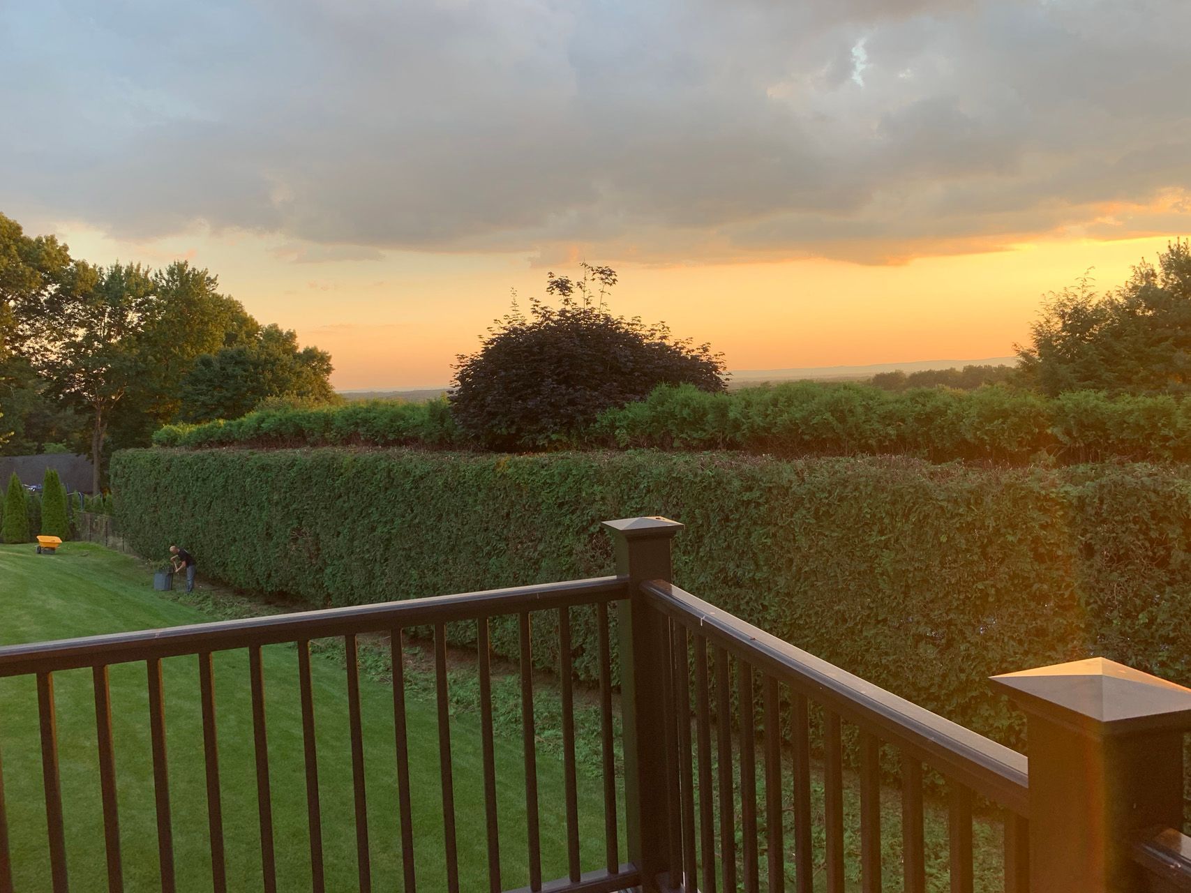 Sunset view from a deck over a green hedge and trees, with warm orange sky and wooden railing.