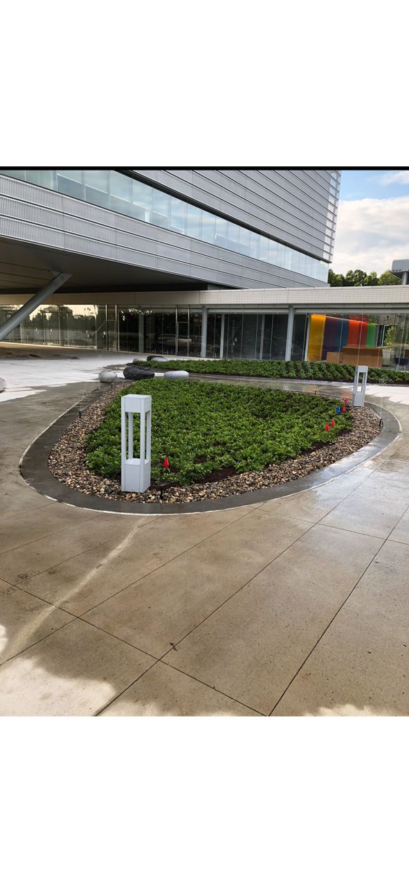 Modern building entrance with landscaped circular planter and wet concrete walkway