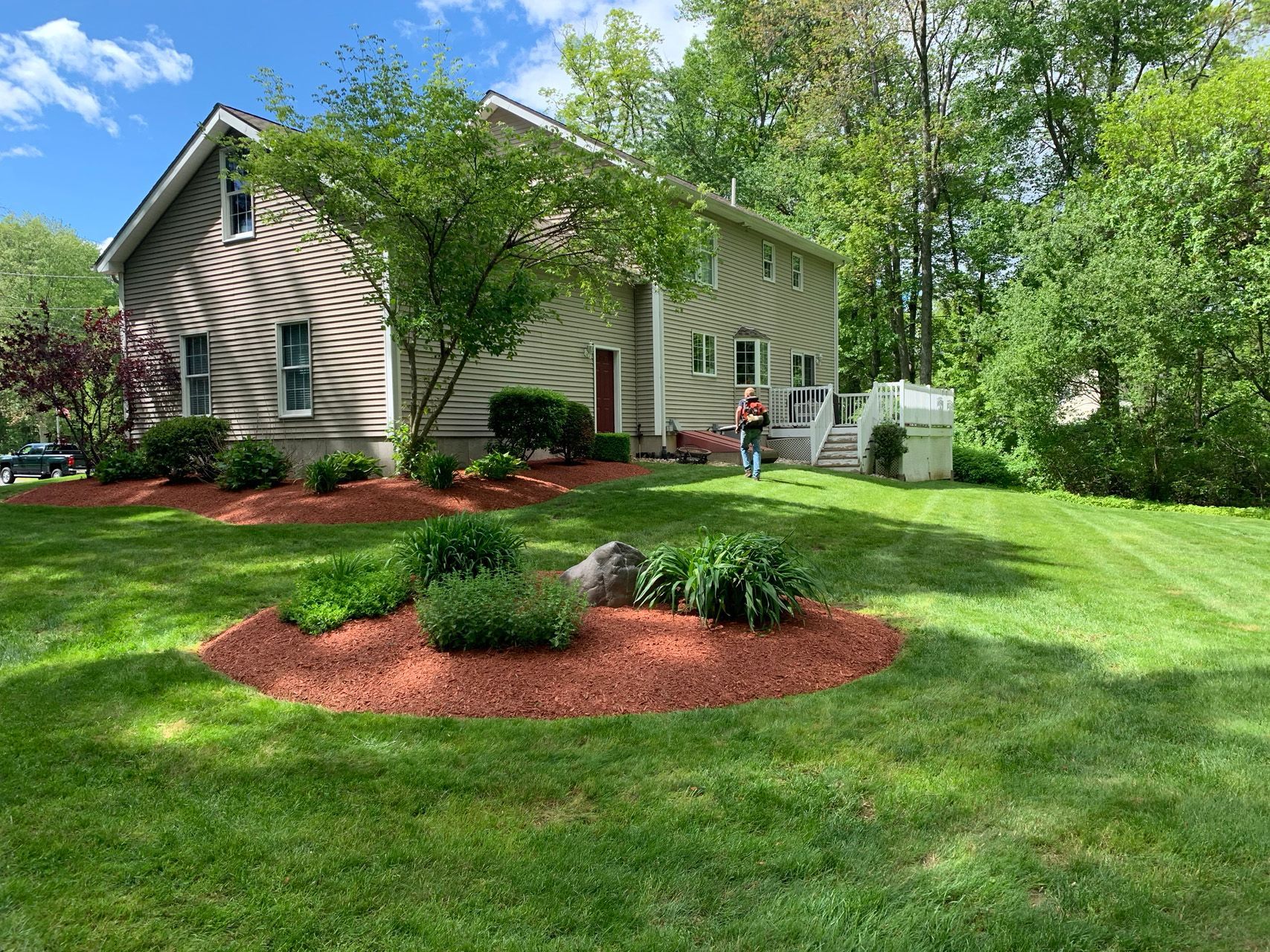 Suburban house with beige siding, green lawn, red mulch beds, and trees on a sunny day