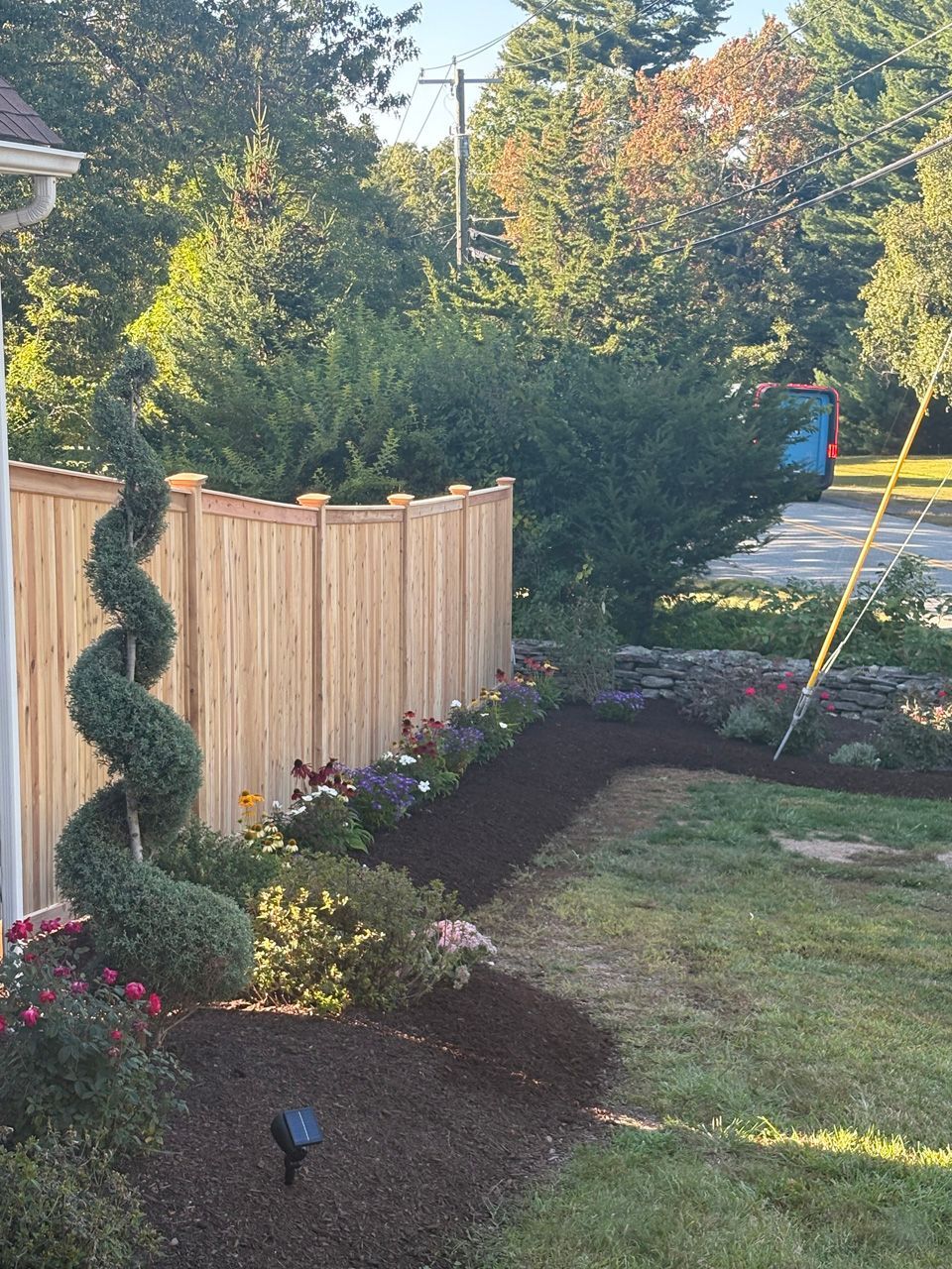 Landscaped garden bed with spiral topiary, mulch, flowers, and a wooden fence beside a driveway
