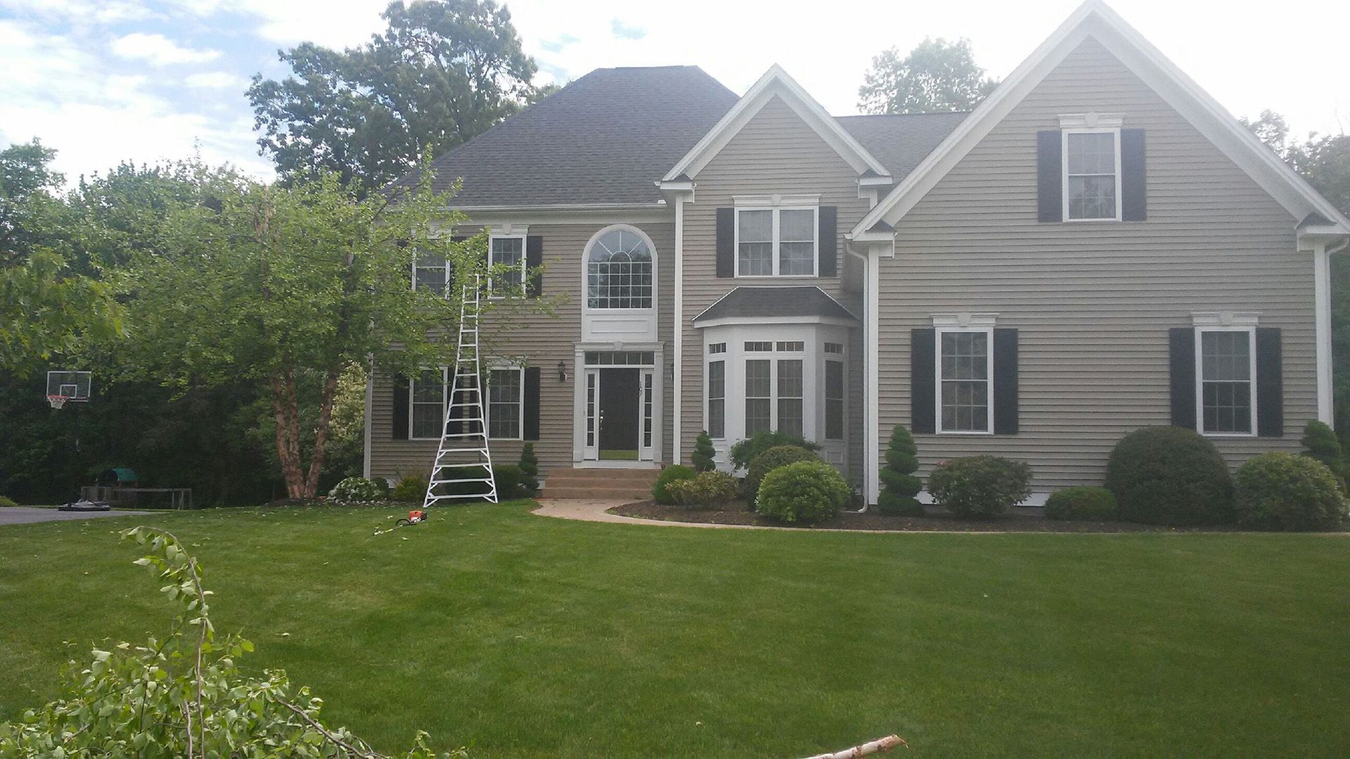 Large beige suburban house with white trim, front lawn, trees, and a black front door under overcast light