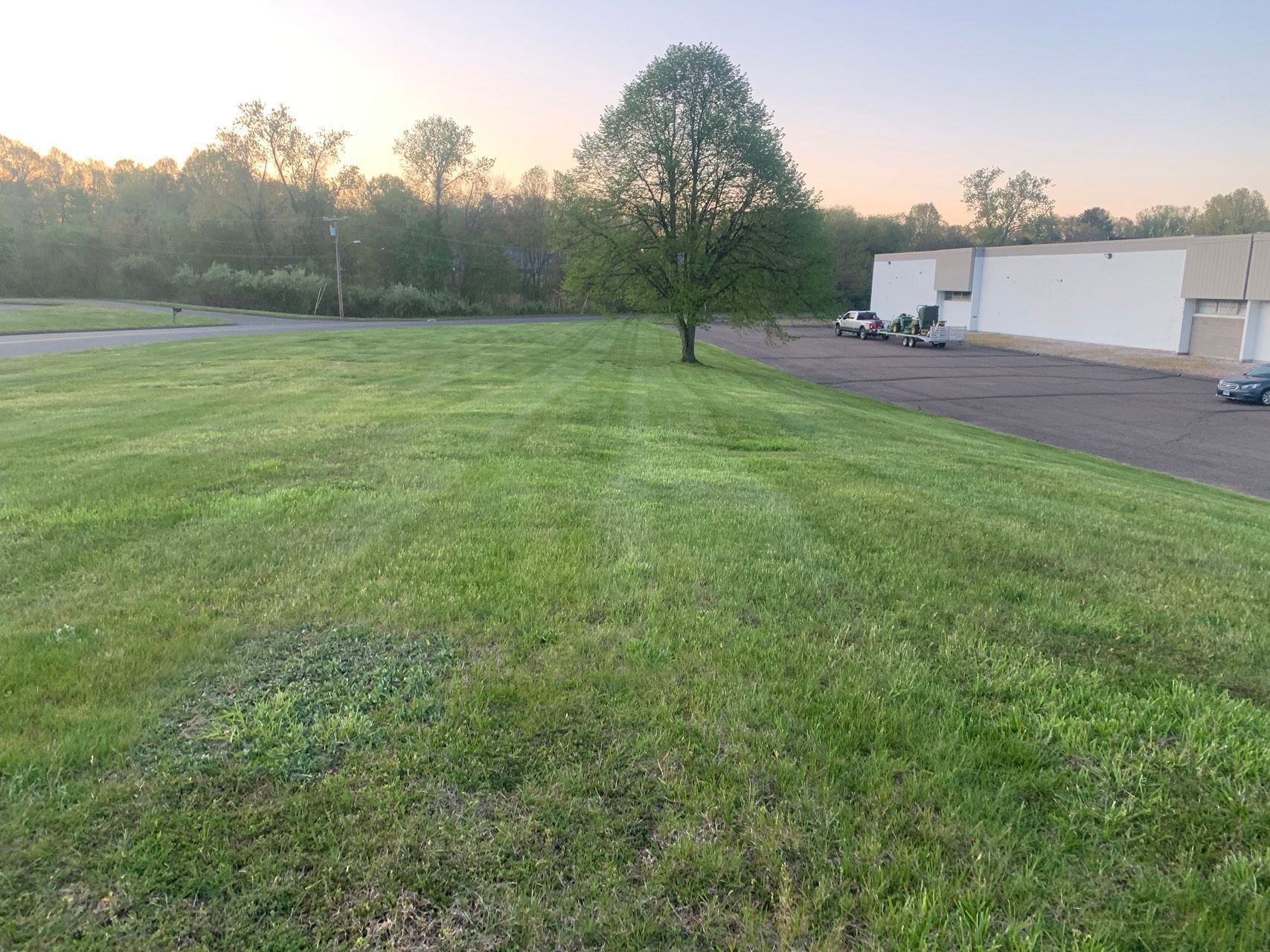 Grassy field at sunrise beside a white building and parking lot, with trees in the background.