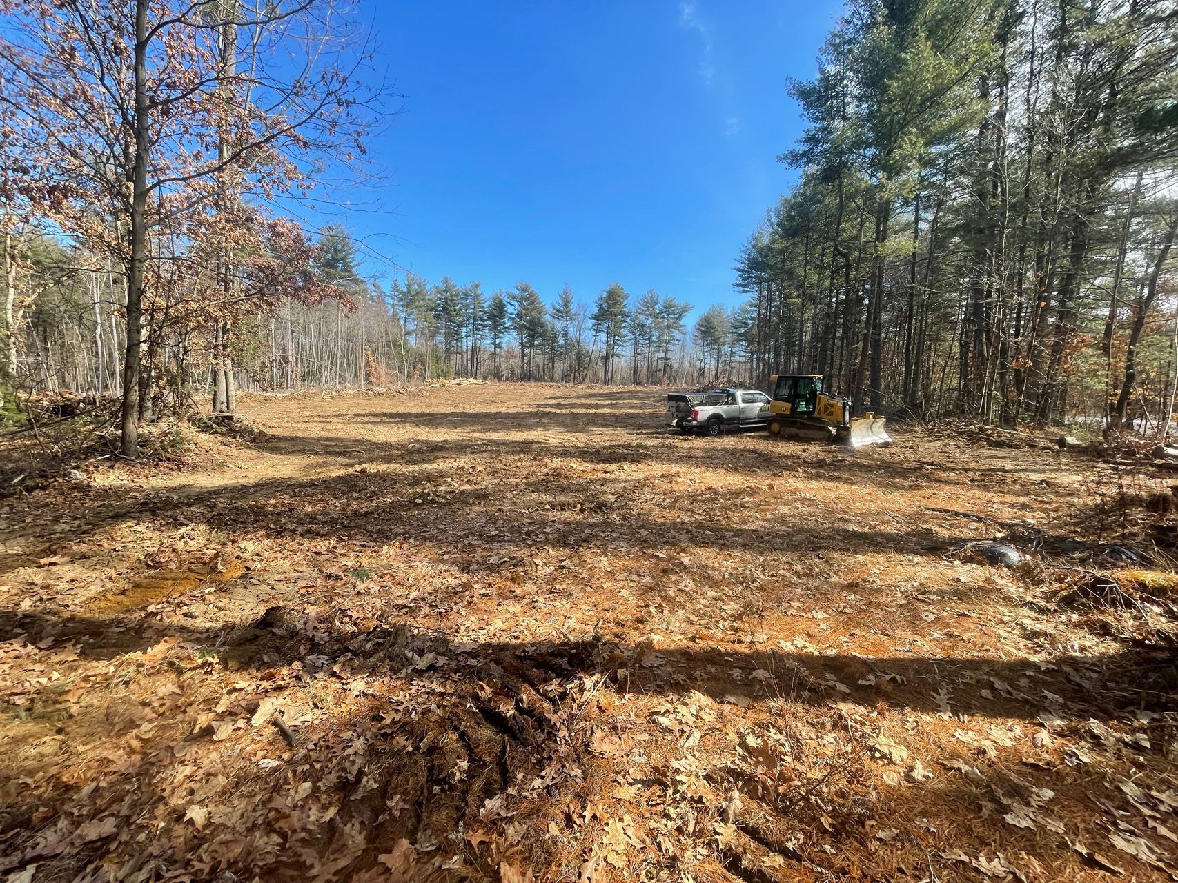 Cleared dirt path through a wooded area under a clear blue sky, with a small tractor on the right.