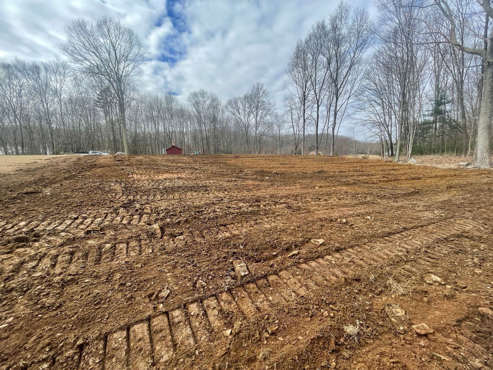 Cleared dirt lot bordered by leafless trees under a cloudy sky