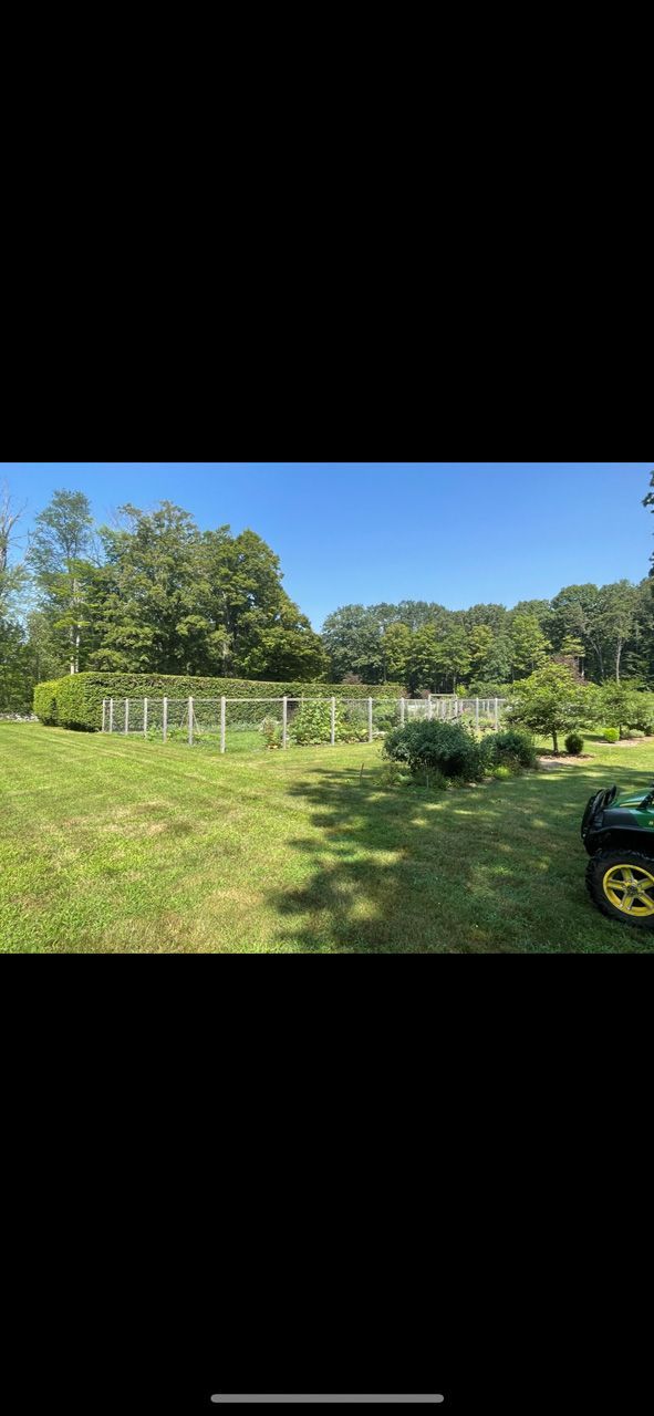 Sunny grassy field with white fence, trees, and a green tractor at the right edge
