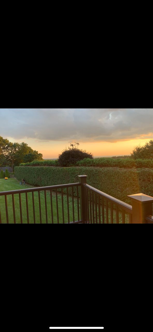 Sunset over a green field from a deck with wooden railing and a tree on the horizon
