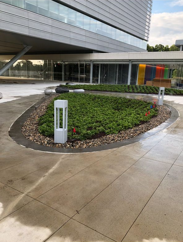 Modern building entrance with landscaped circular planter and wet concrete walkway