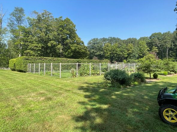 Sunny grassy field with white fence, trees, and a green tractor at the right edge