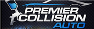Logo for Premier Collision Auto, featuring text and an image of a spray gun and car outline in blue and white.