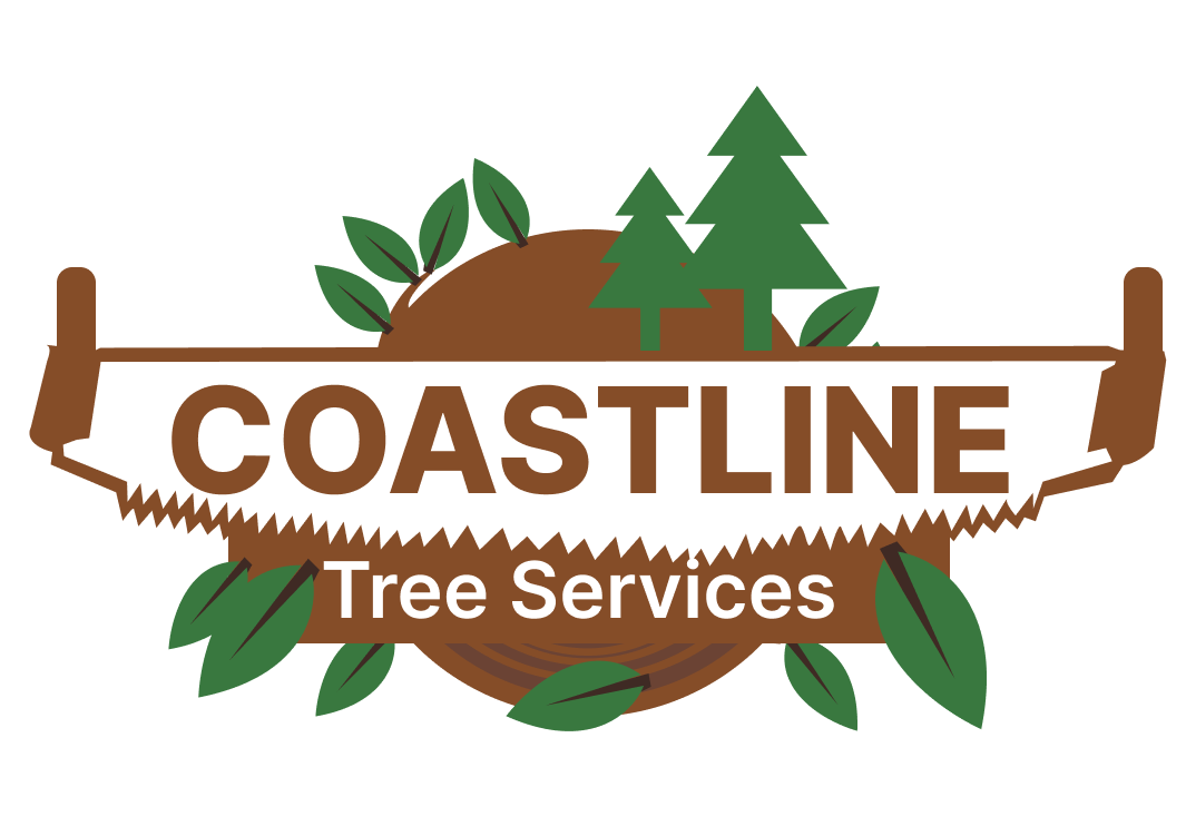 A logo for Coastline Tree Services with a saw and trees