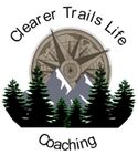 A logo for clearer trails life coaching with a compass and trees