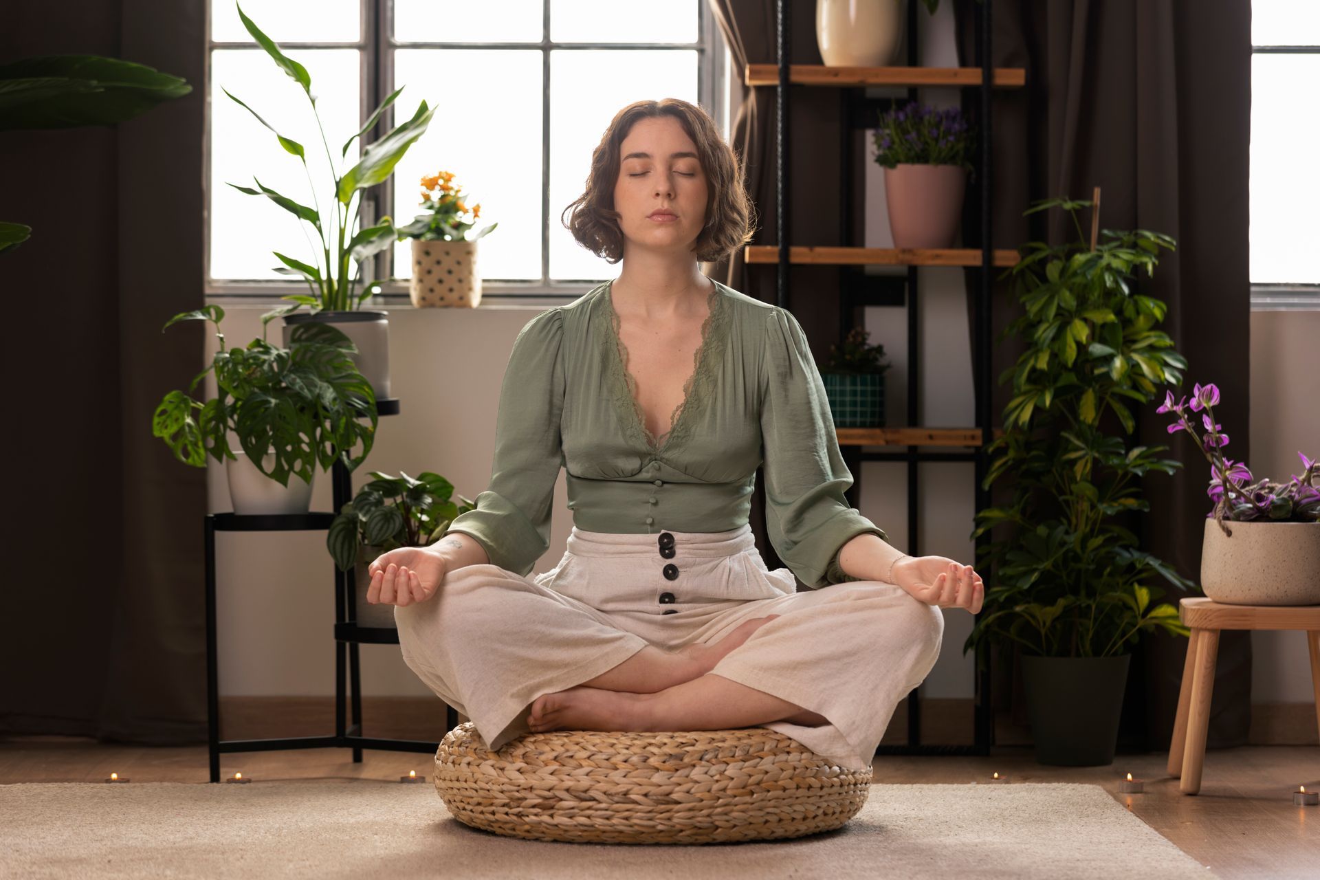 a woman sits in a lotus position with her eyes closed