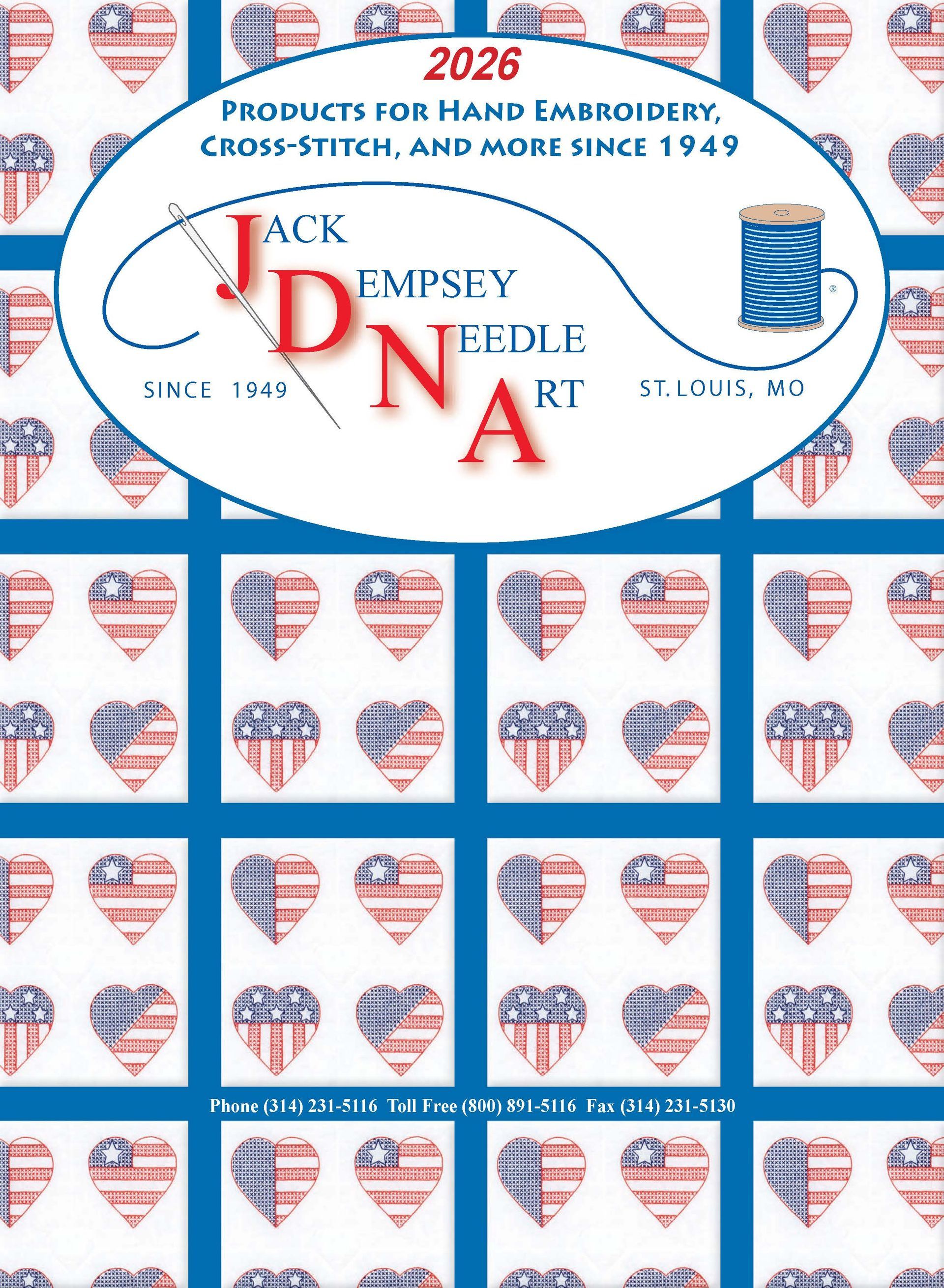 The Jack Dempsey Needle Art 2026 catalog cover, featuring a blue and white patriotic heart quilt pattern.