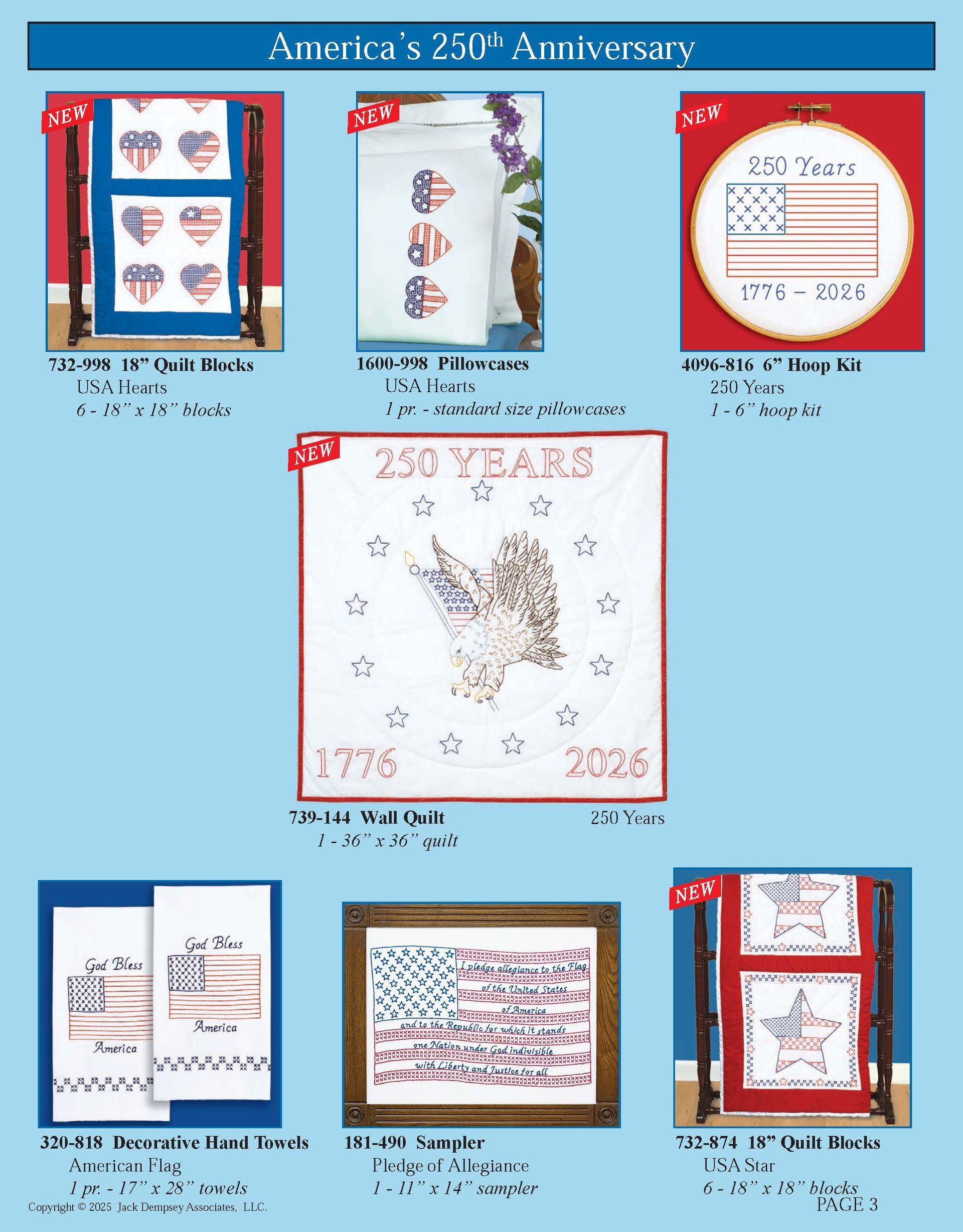 A catalog page displaying various patriotic needlepoint and quilted craft kits for America's 250th anniversary.