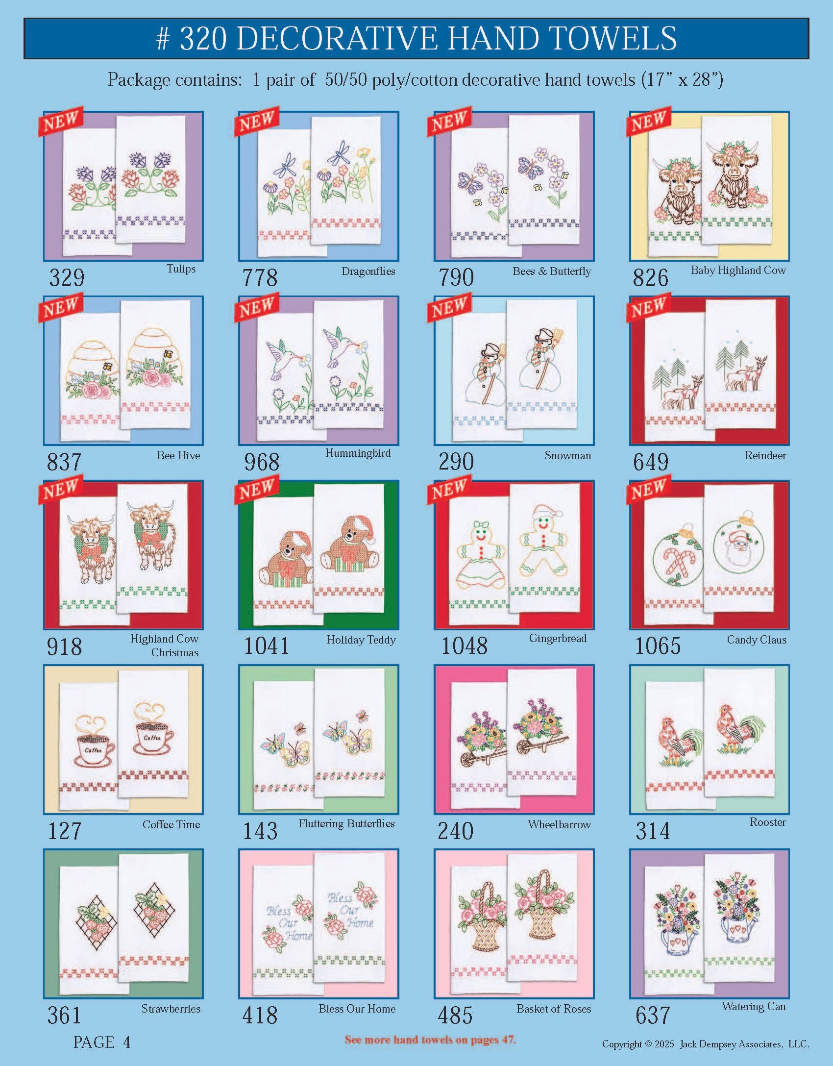 A catalog sheet of twenty sets of white hand towels, each featuring various floral and holiday-themed embroidery designs.