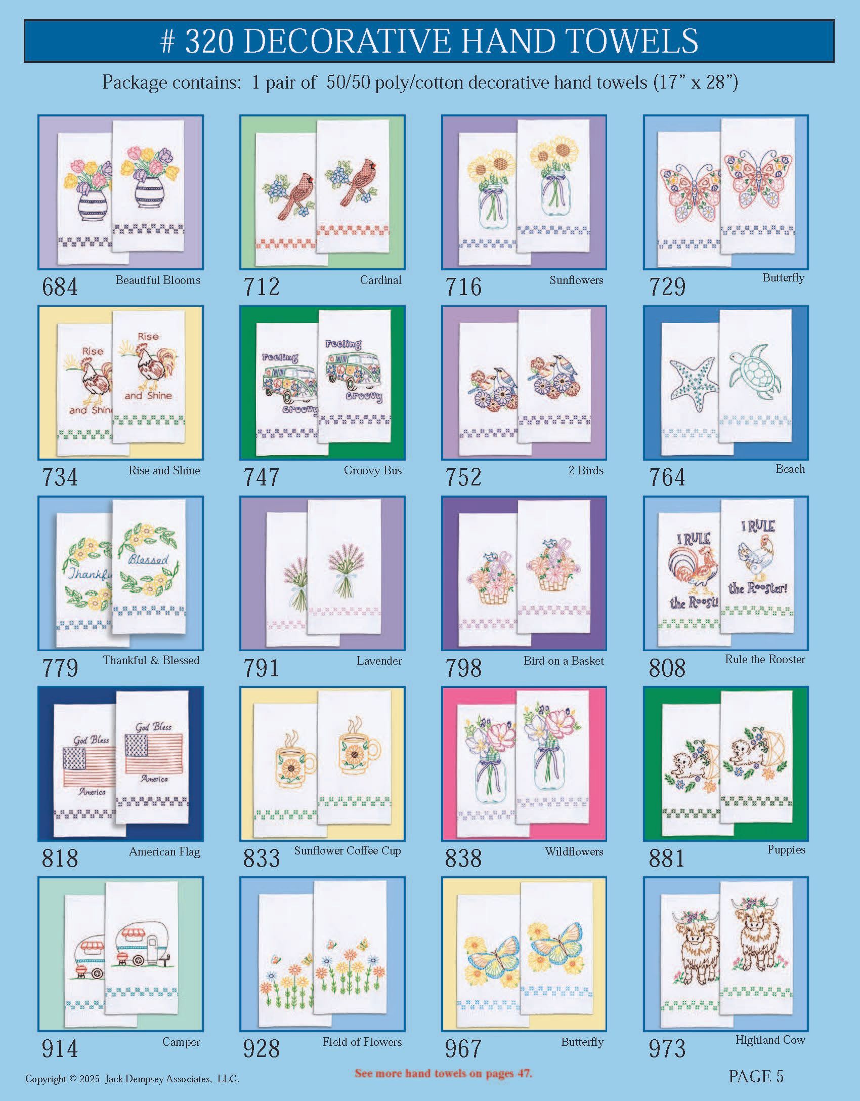 A catalog page displaying 20 sets of decorative white hand towels with various seasonal and floral embroidery designs.