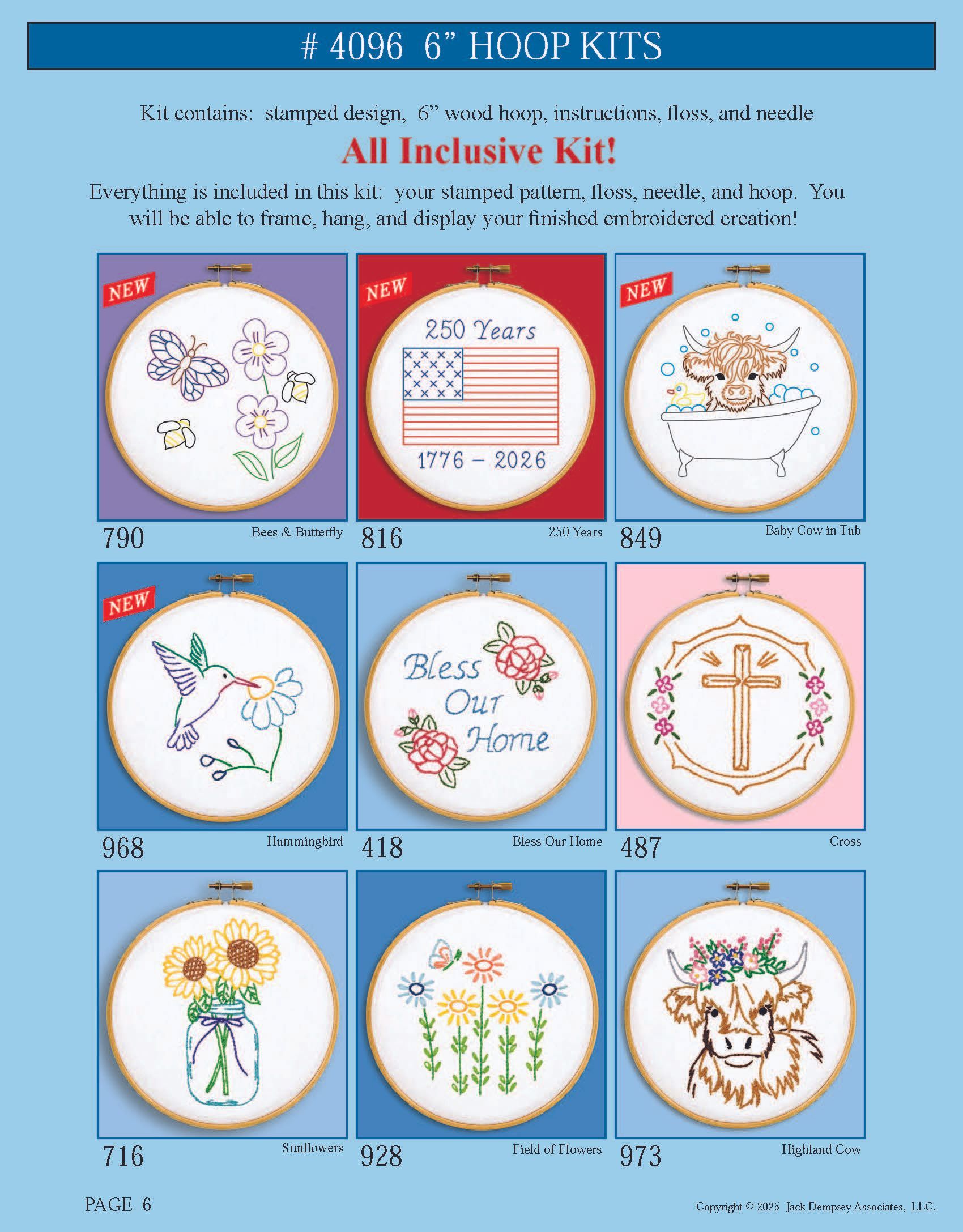 A flyer showcasing nine different 6-inch embroidery hoop craft kits with various floral, patriotic, and animal designs.