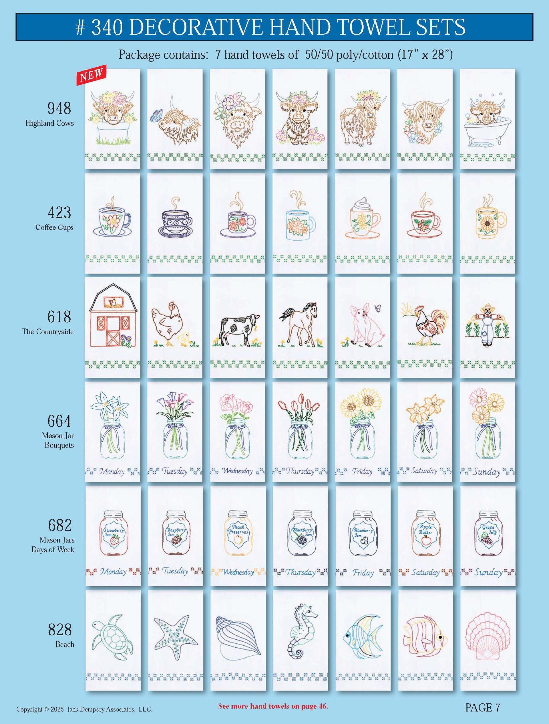 A catalog grid of six rows featuring decorative hand towel sets with embroidered patterns of flowers, animals, and food.