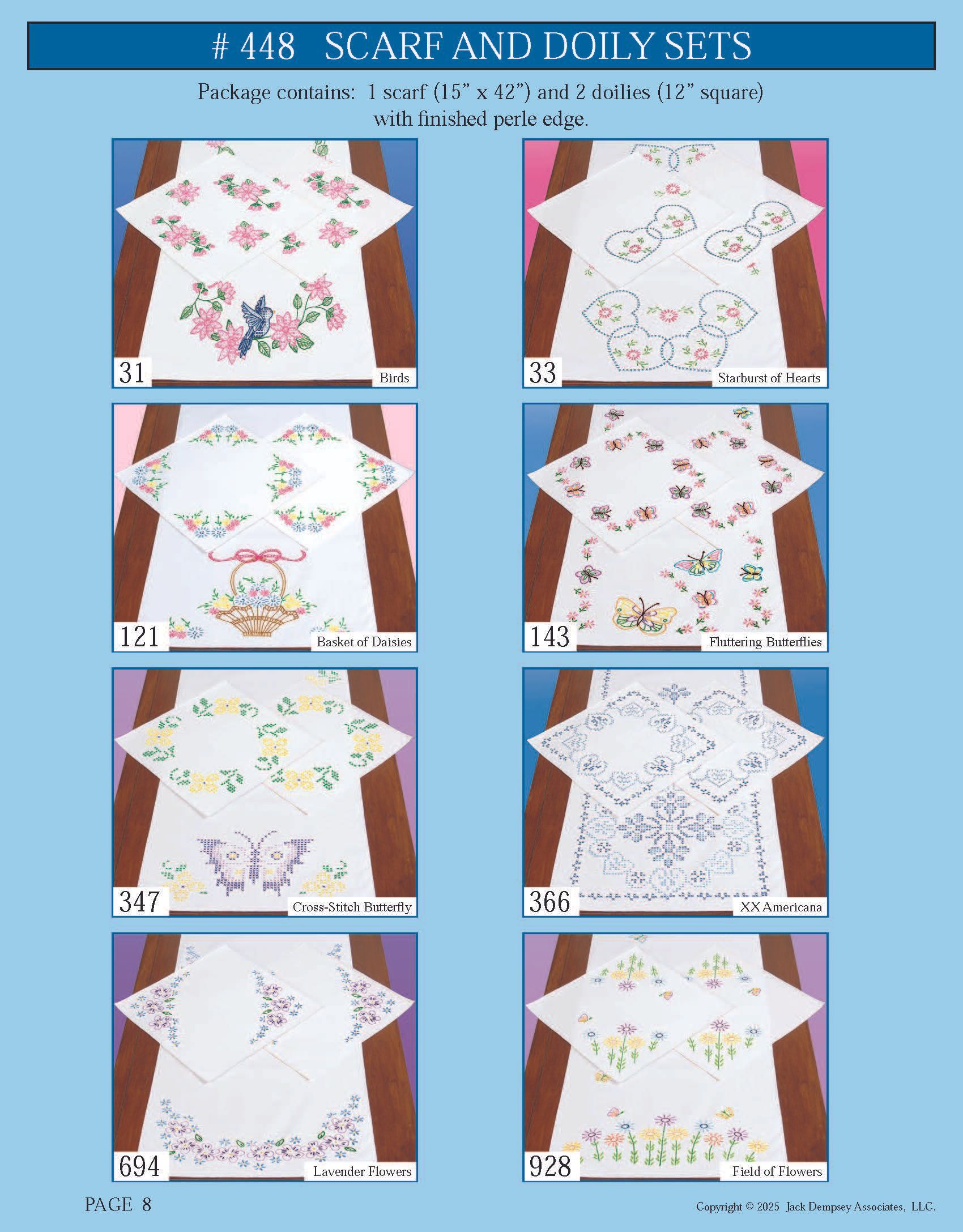 A catalog page featuring eight white fabric scarves or doilies with various floral and decorative embroidery designs.