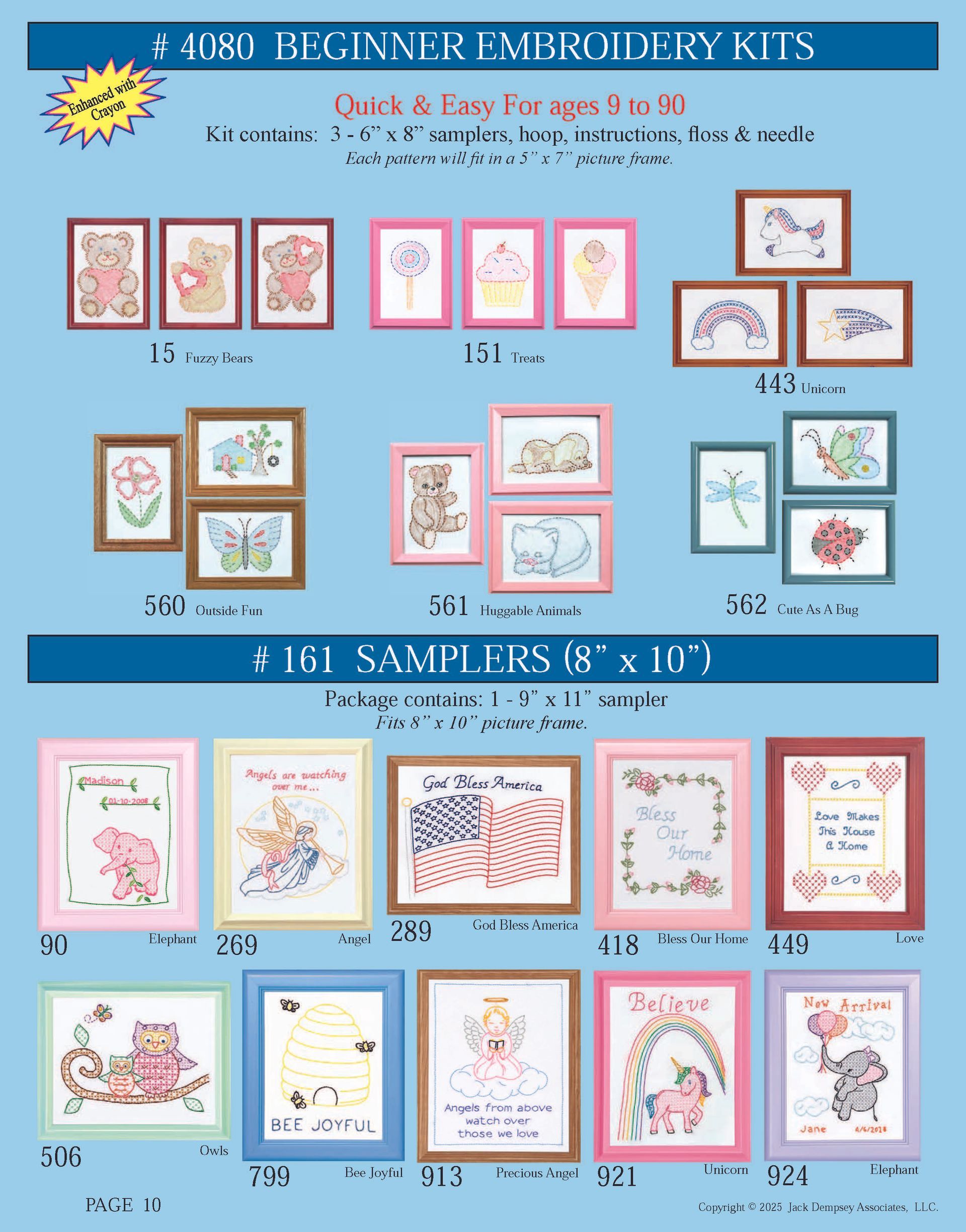 A catalog of embroidery kits featuring animal, floral, and holiday designs, organized by style and size on a blue background.