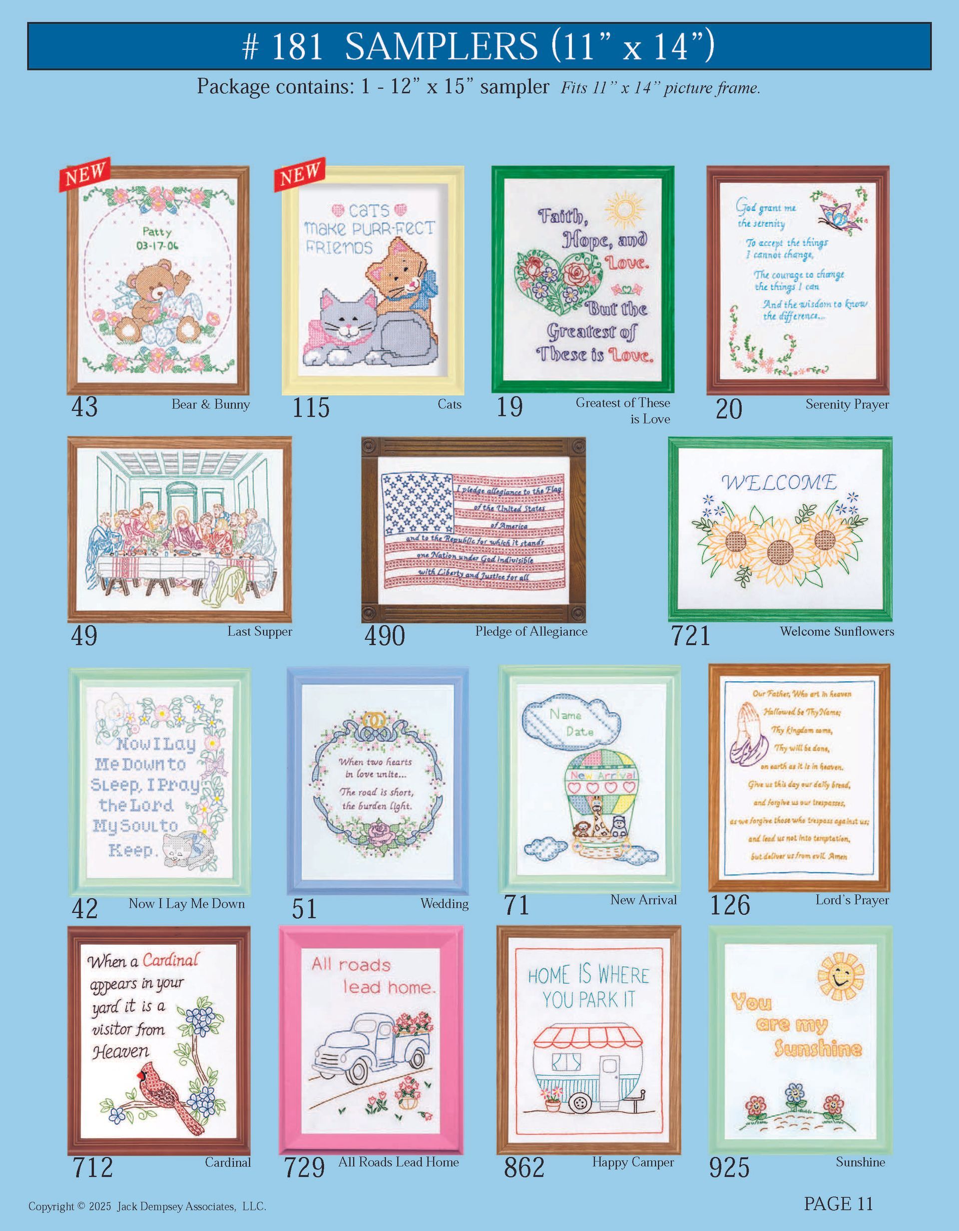 A grid of 16 cross-stitch samplers in frames, each with unique decorative illustrations and text.