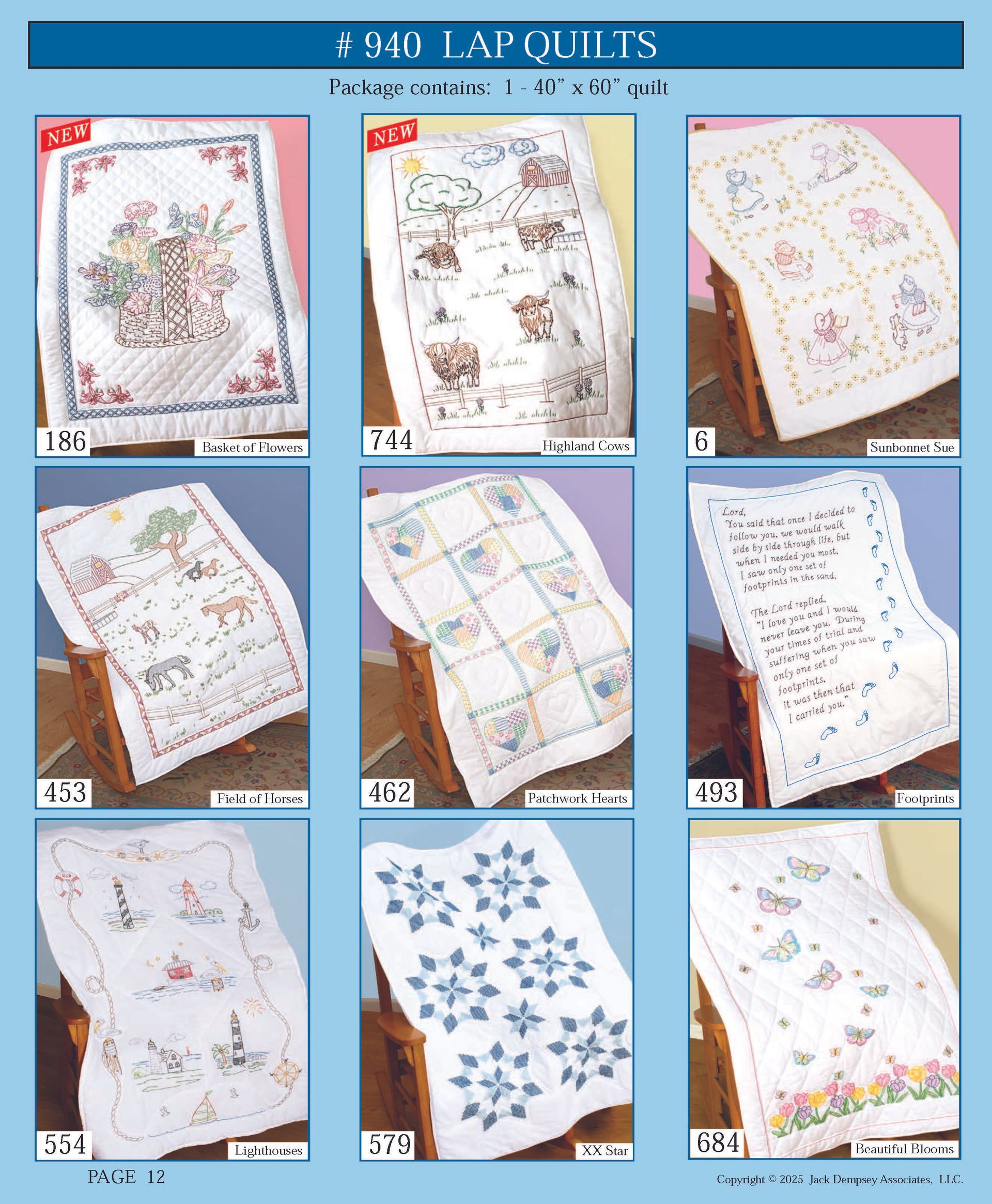 A grid showing nine embroidered lap quilts with various floral, animal, and scenic designs on a catalog page.