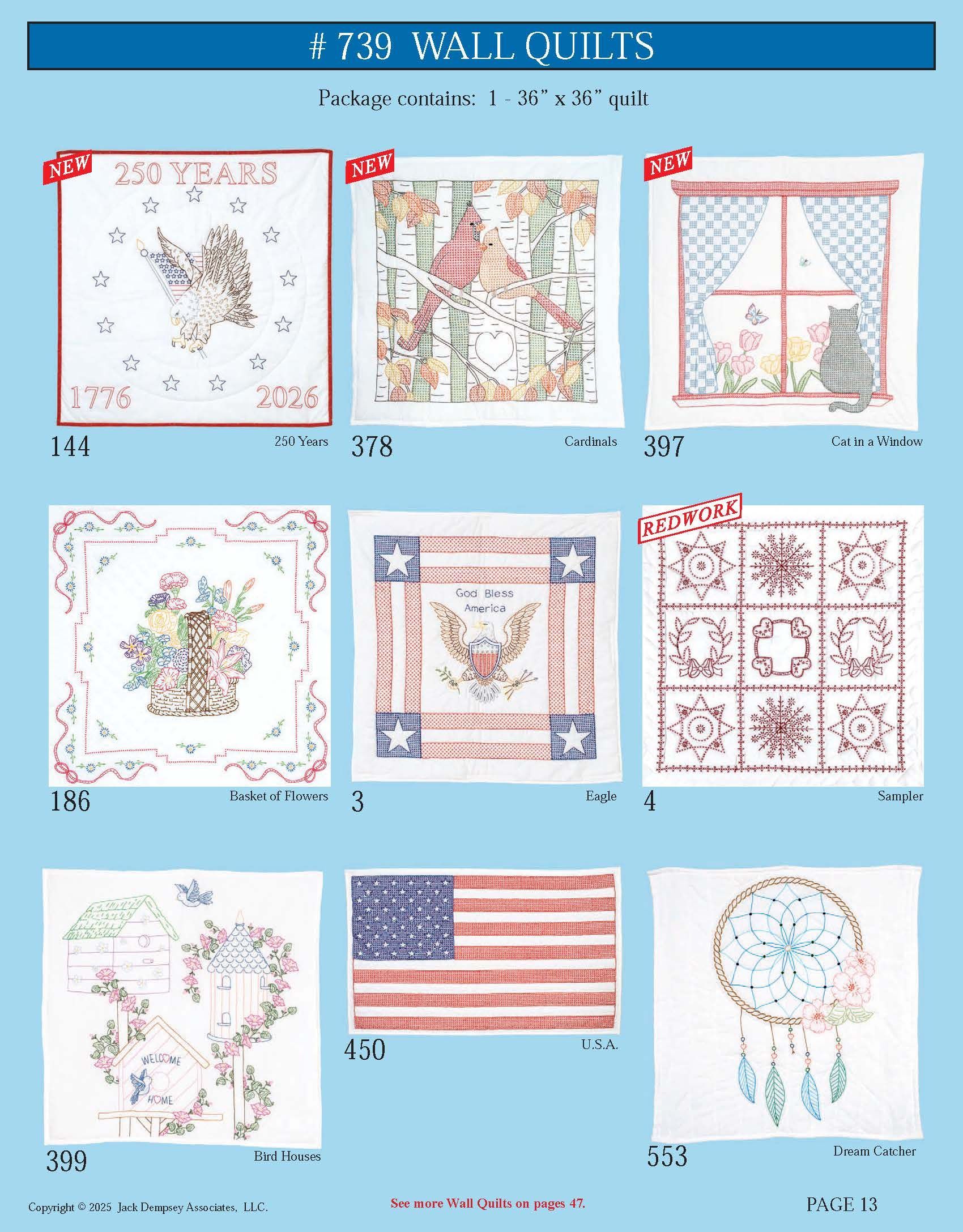 A catalog page showcasing nine embroidered wall quilts with various designs, including flowers, animals, and US themes.