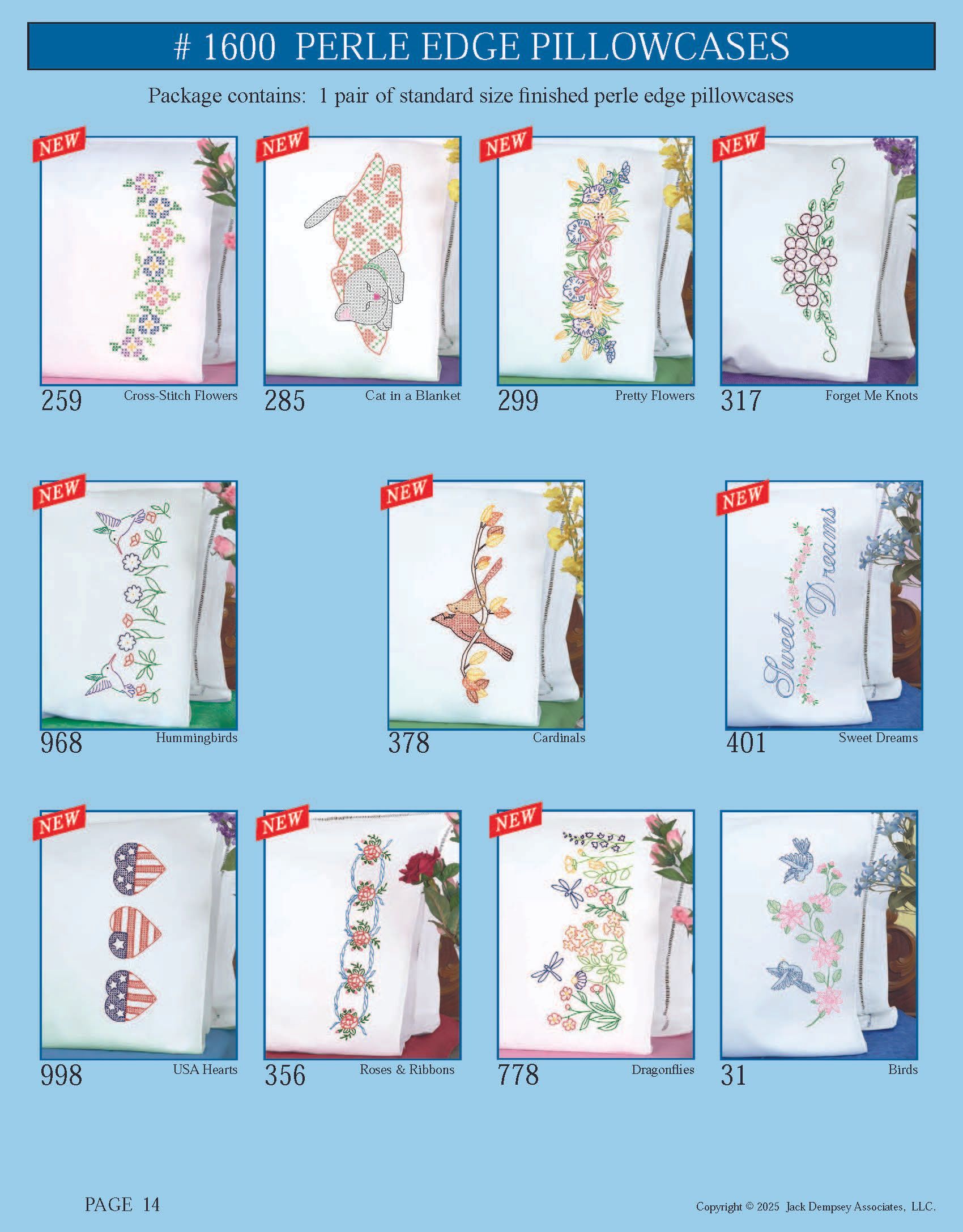 A product catalog page displaying eleven different floral and seasonal designs embroidered on white pillowcases.