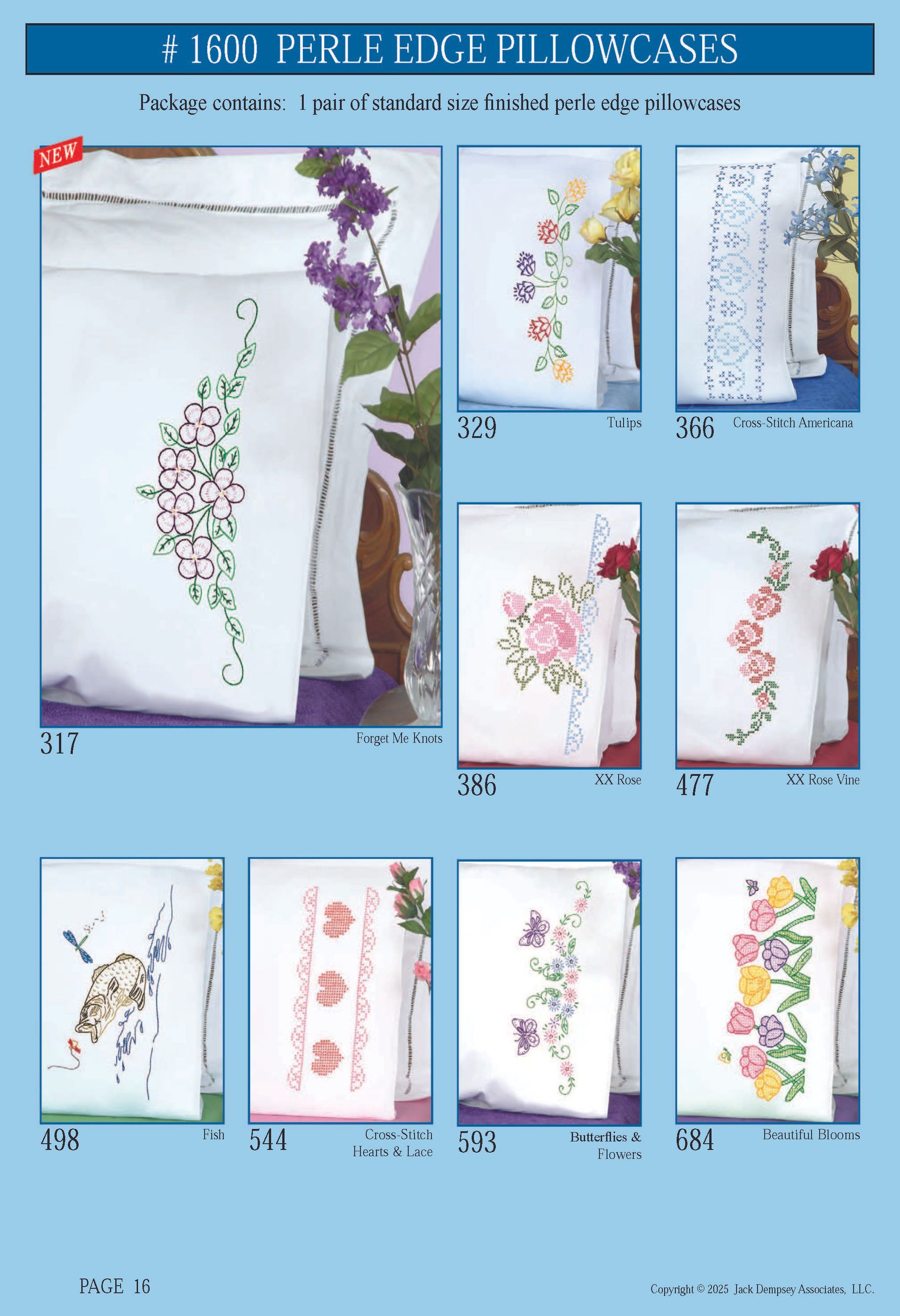 A catalog page showcasing various floral-themed cross-stitch designs on white pillowcases against a blue background.
