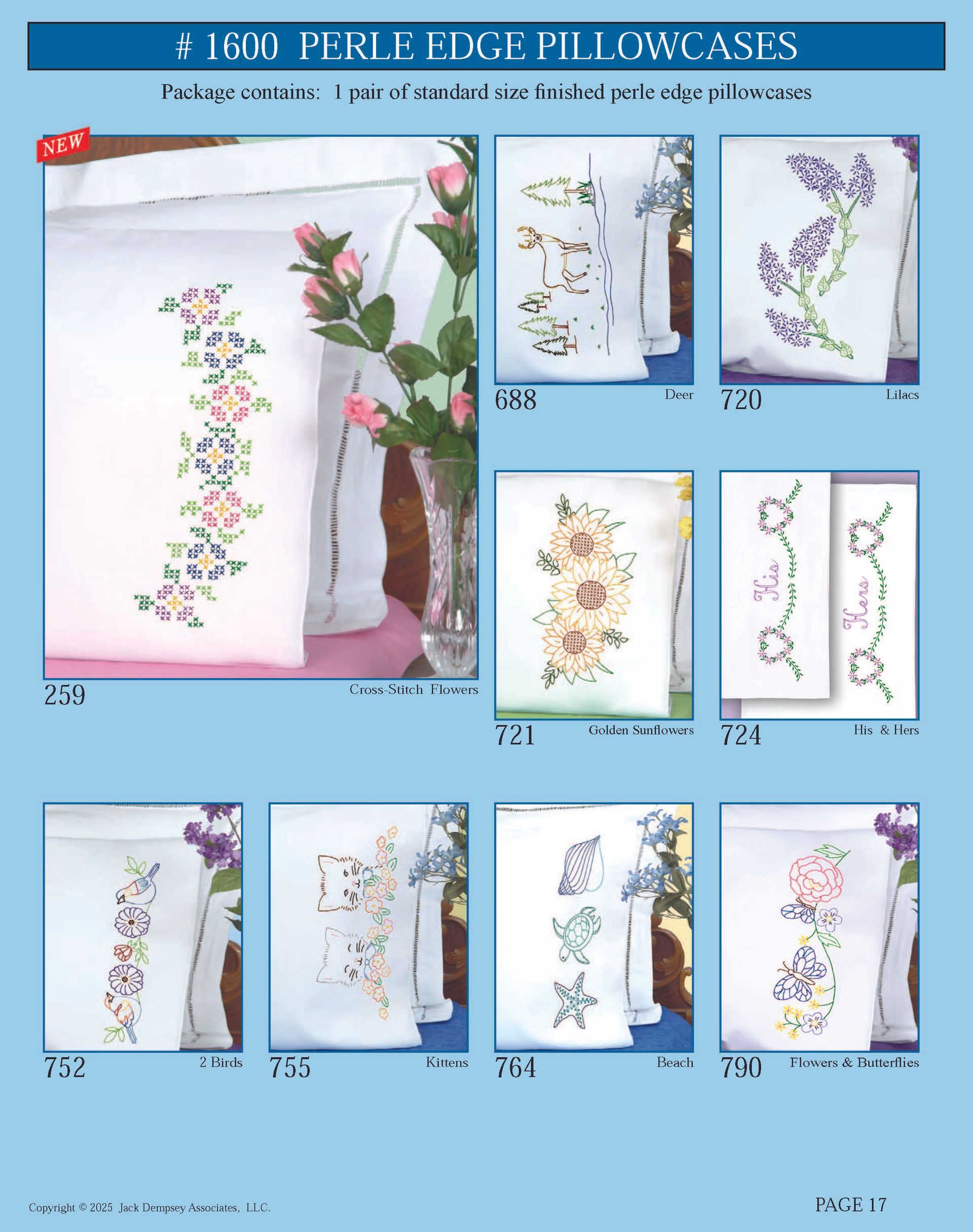 A catalog page showing ten white pillowcases decorated with various floral cross-stitch embroidery designs.