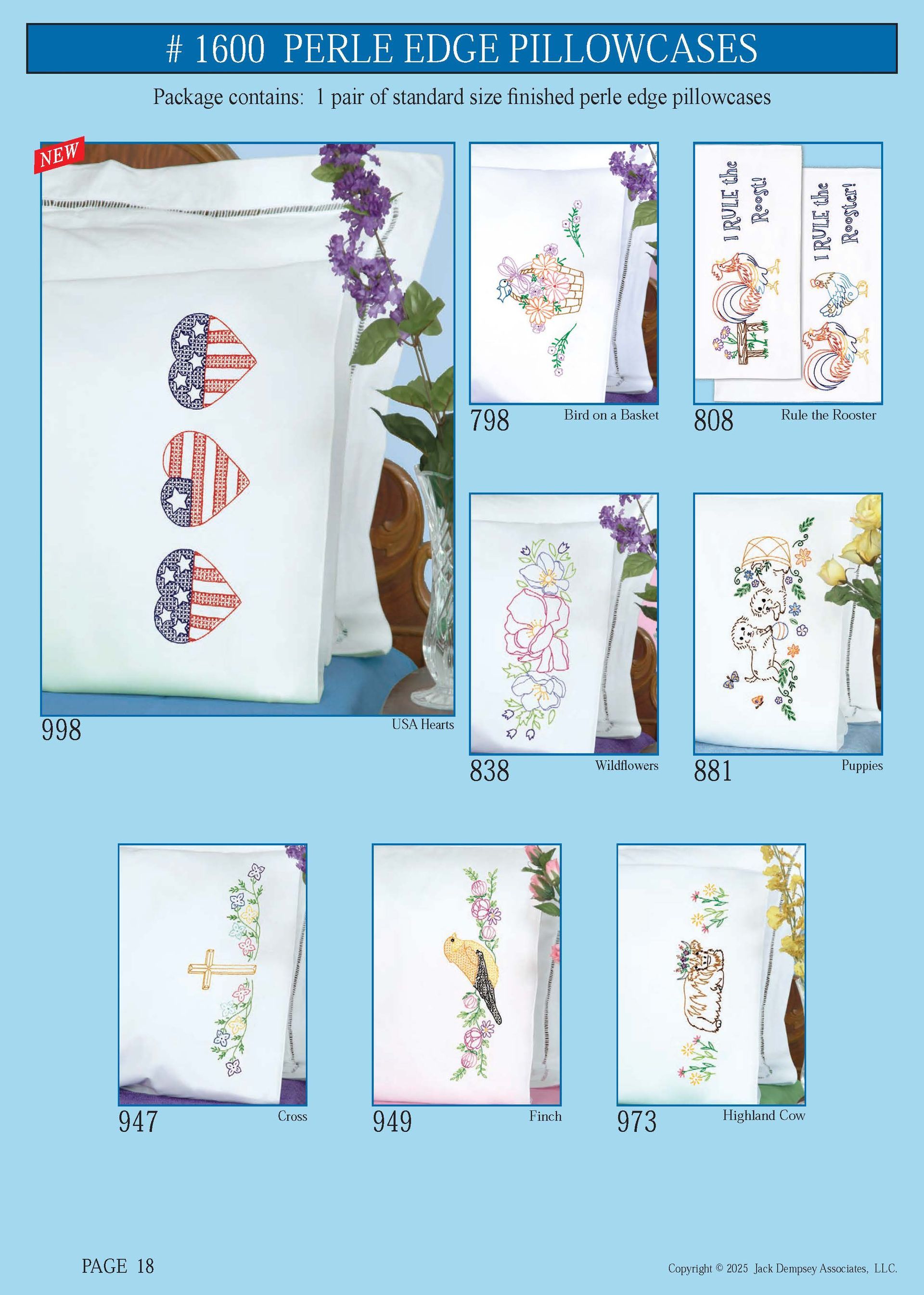 A catalog page displaying various white pillowcases with cross-stitch embroidery designs, including hearts and flowers.