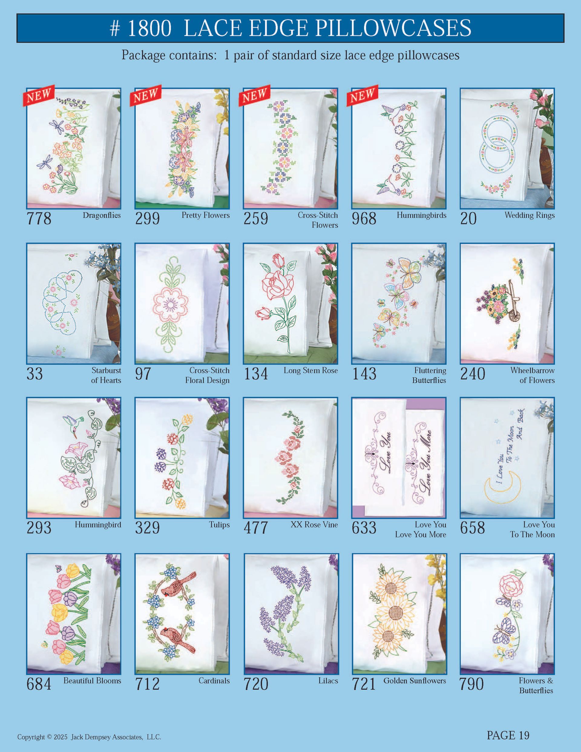 A grid of 20 images showcasing various floral and bird embroidery designs on white lace-edge pillowcases.