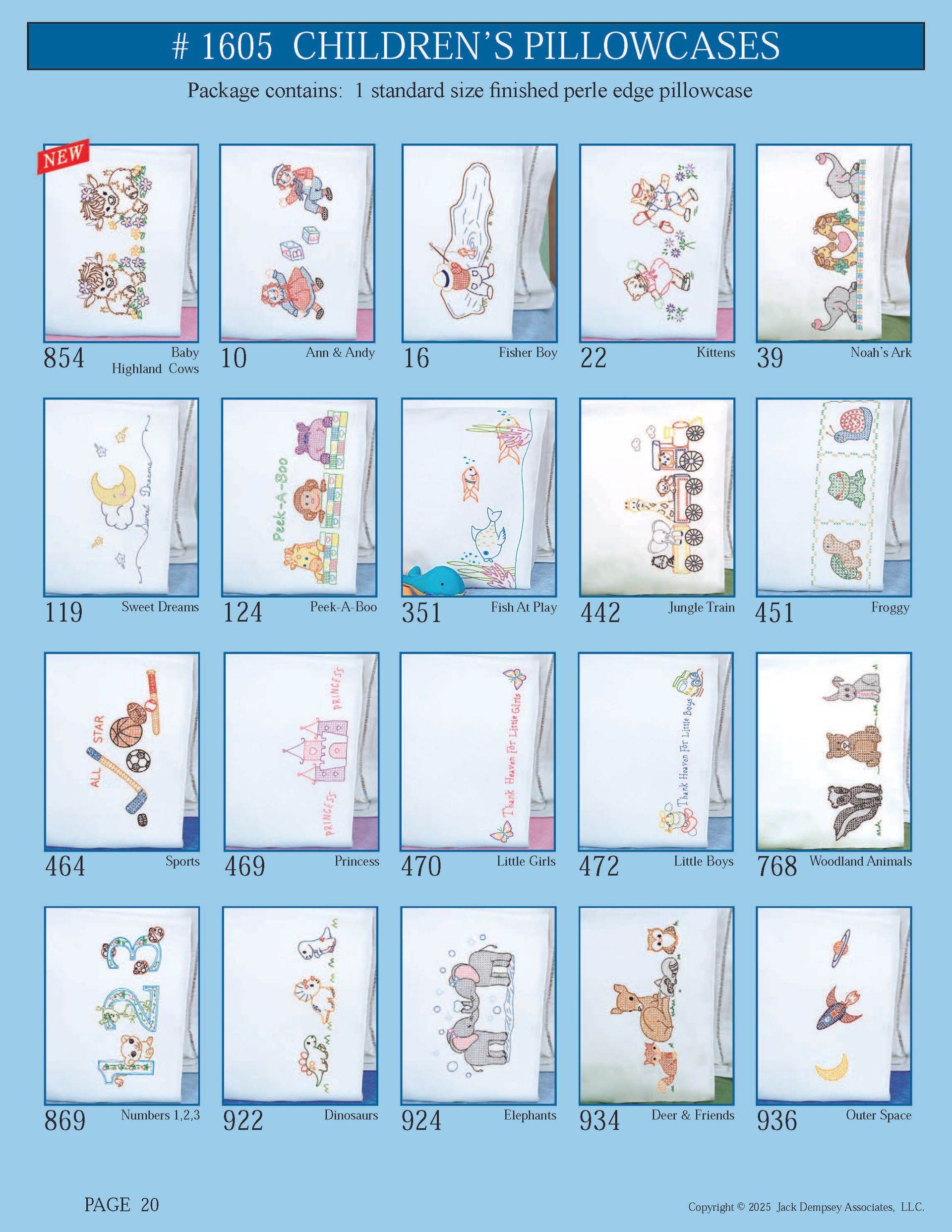 A product catalog page displaying 20 embroidered children’s pillowcase designs featuring various animals and themes.