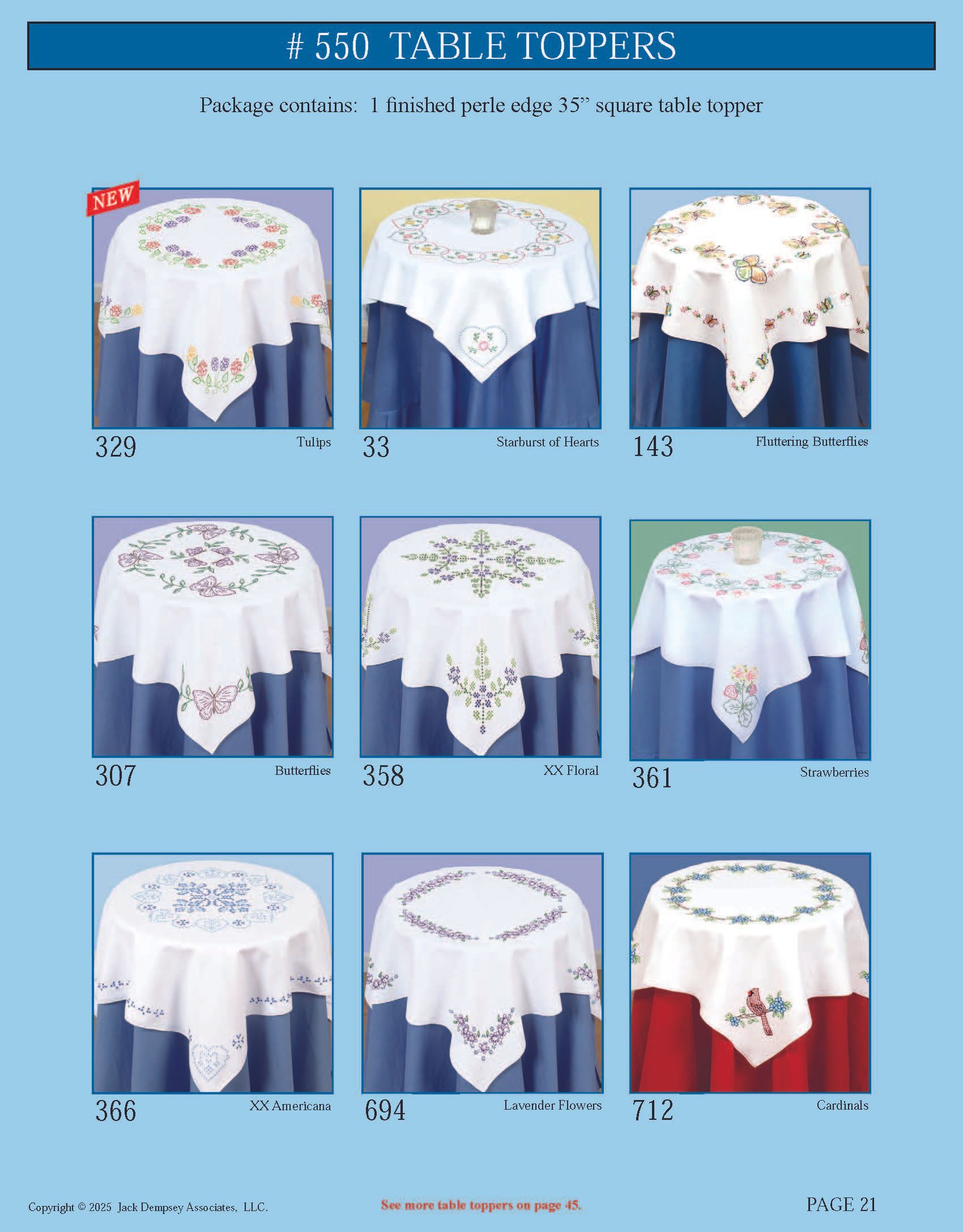 A catalog page displaying nine embroidered white table toppers on blue or red tablecloths, arranged in a grid.