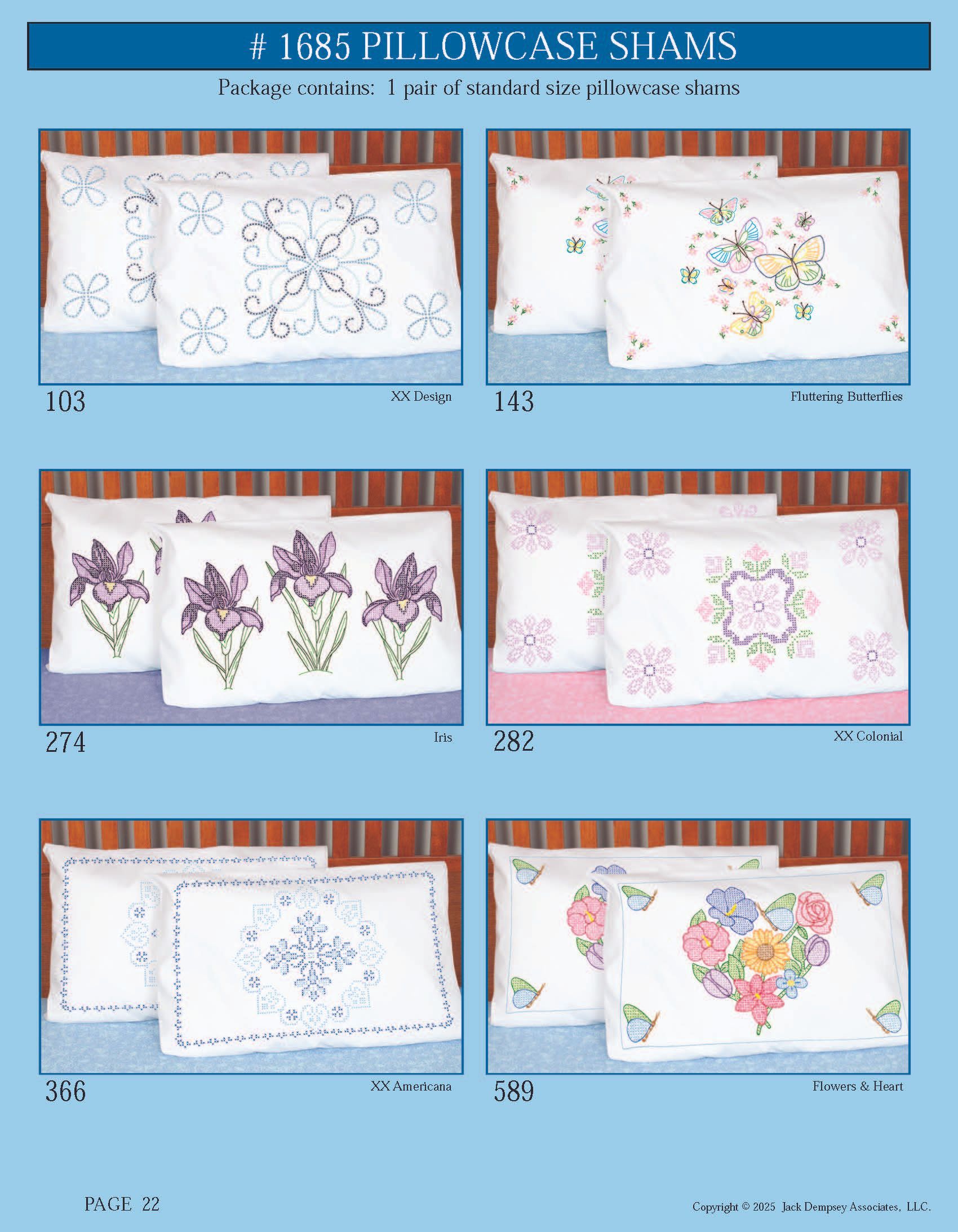 A catalog page featuring six pairs of embroidered white pillowcases with floral and decorative patterns.