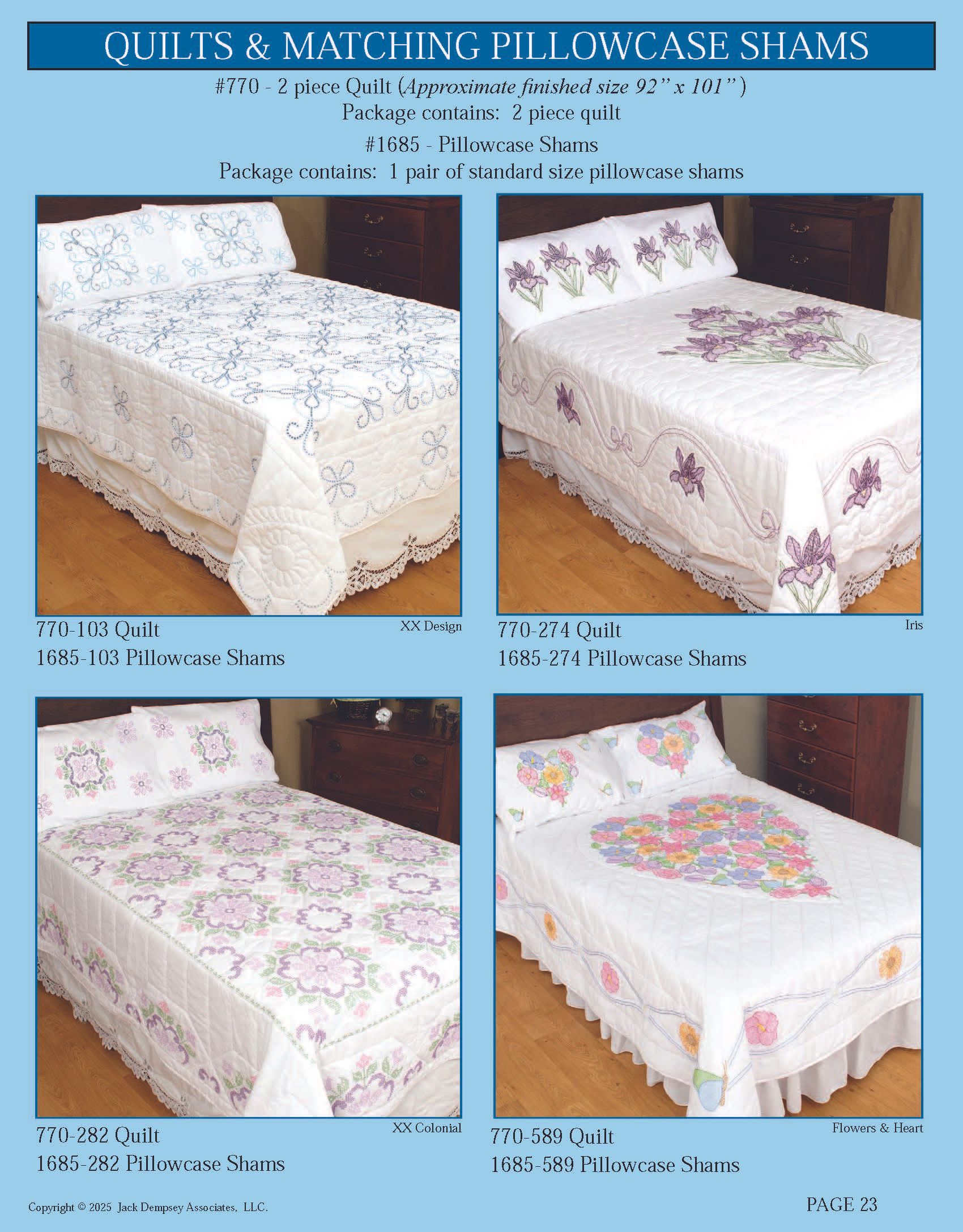 A catalog page showing four white quilts with matching floral or heart-patterned pillow shams on beds.
