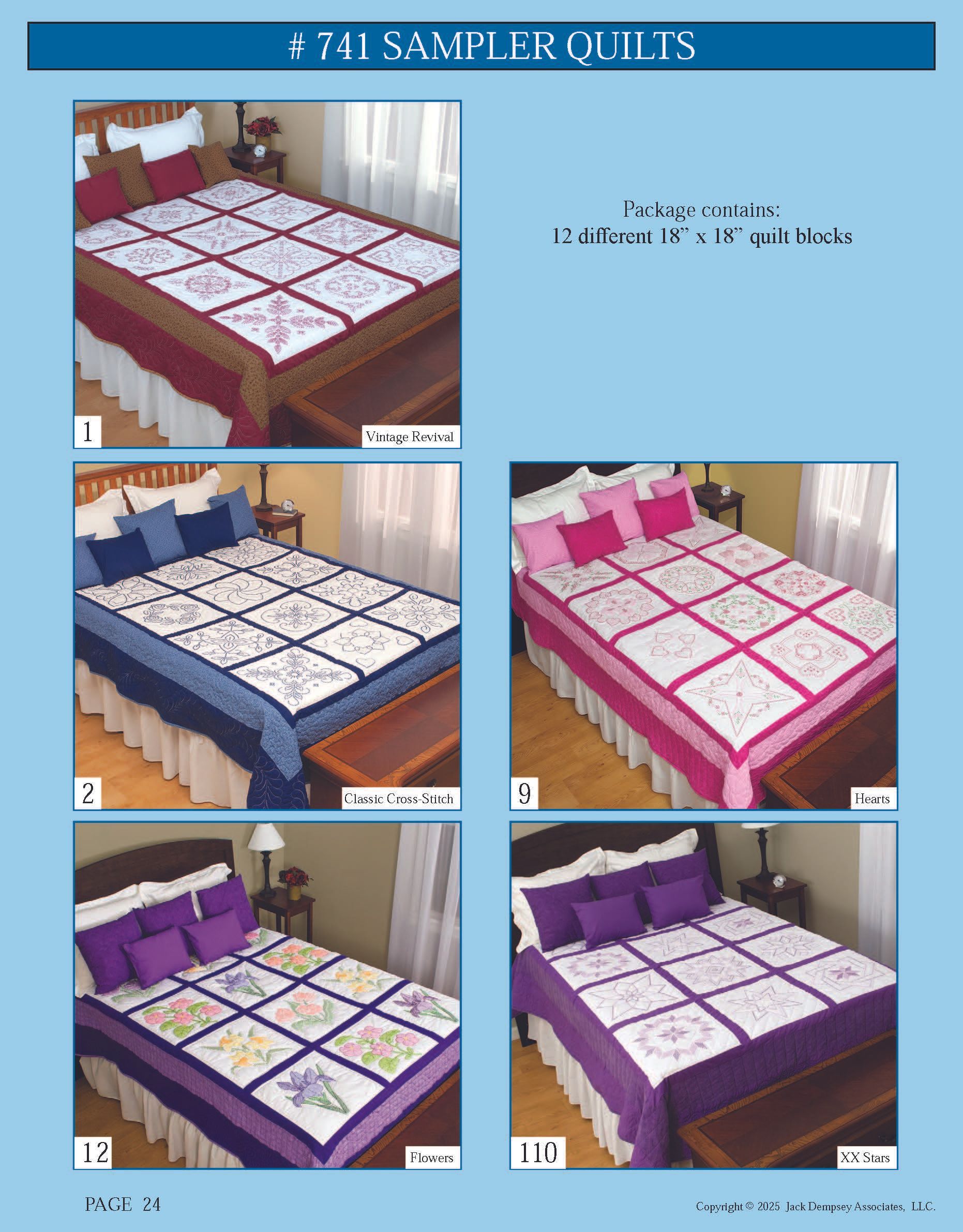 A product flyer featuring five different versions of a floral sampler quilt arranged on beds in various color schemes.